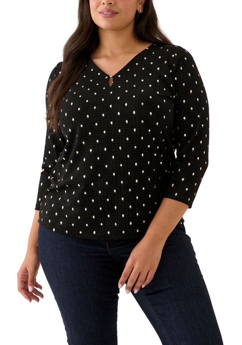 Plus Size 3/4 Sleeve Printed V-Neck Top 