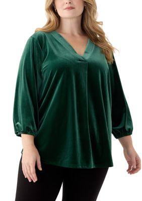 JONES NEW YORK Women's Plus Size 3/4 Sleeve Pleat Front Velour Top, Green, 2X