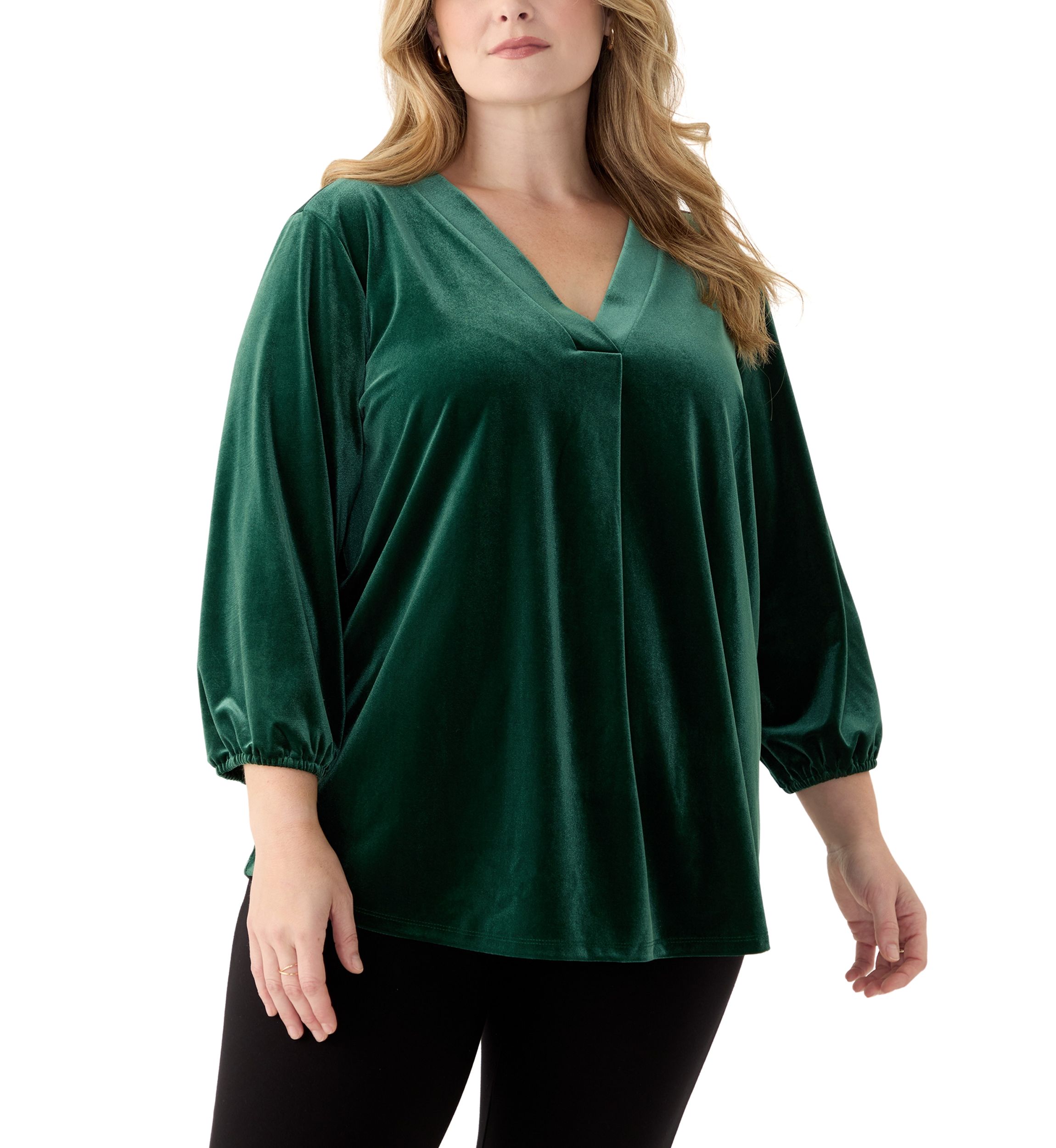 Plus Size 3/4 Sleeve Pleat Front Velour Top 
