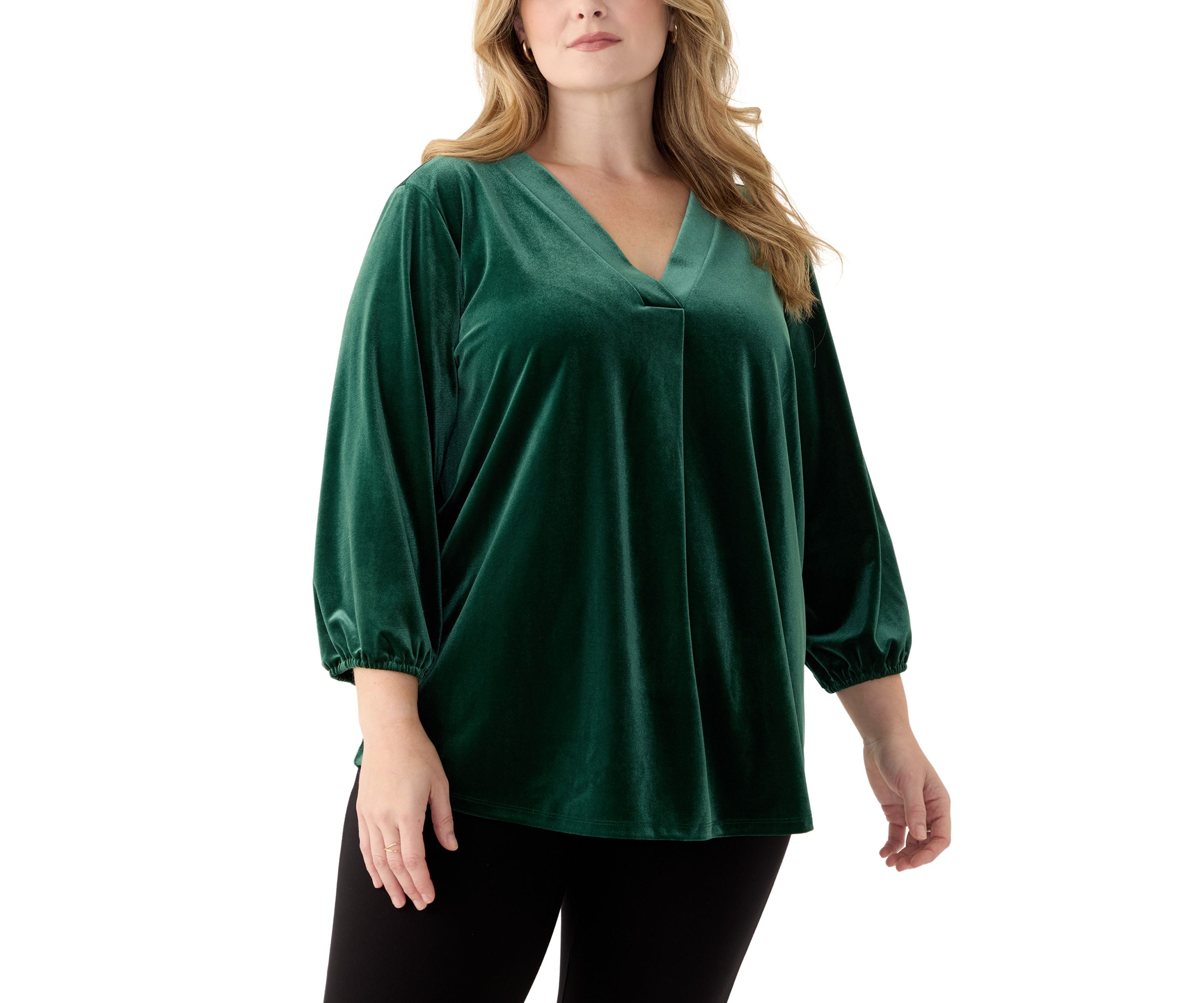 Plus Size 3/4 Sleeve Pleat Front Velour Top 