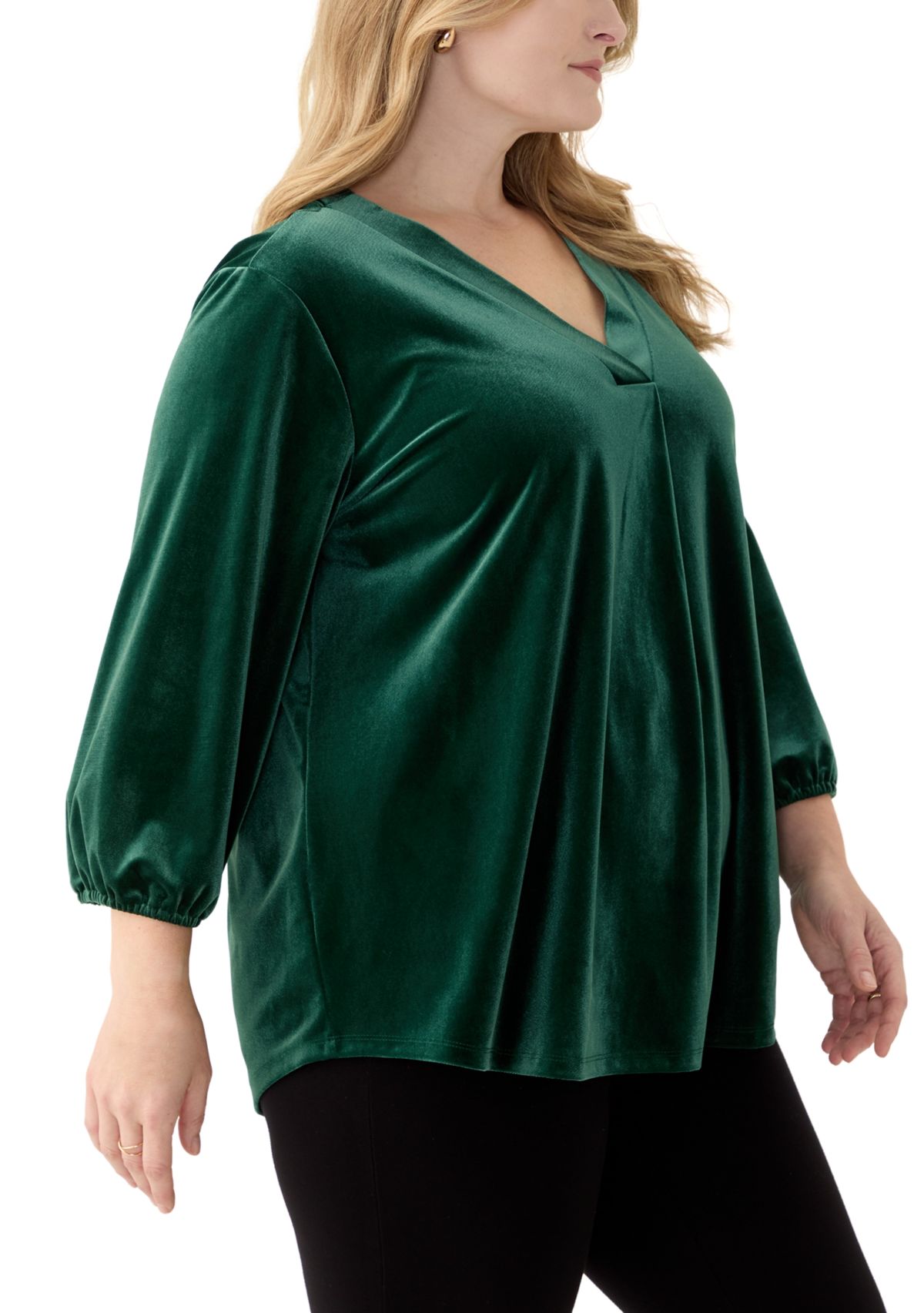 Plus Size 3/4 Sleeve Pleat Front Velour Top 