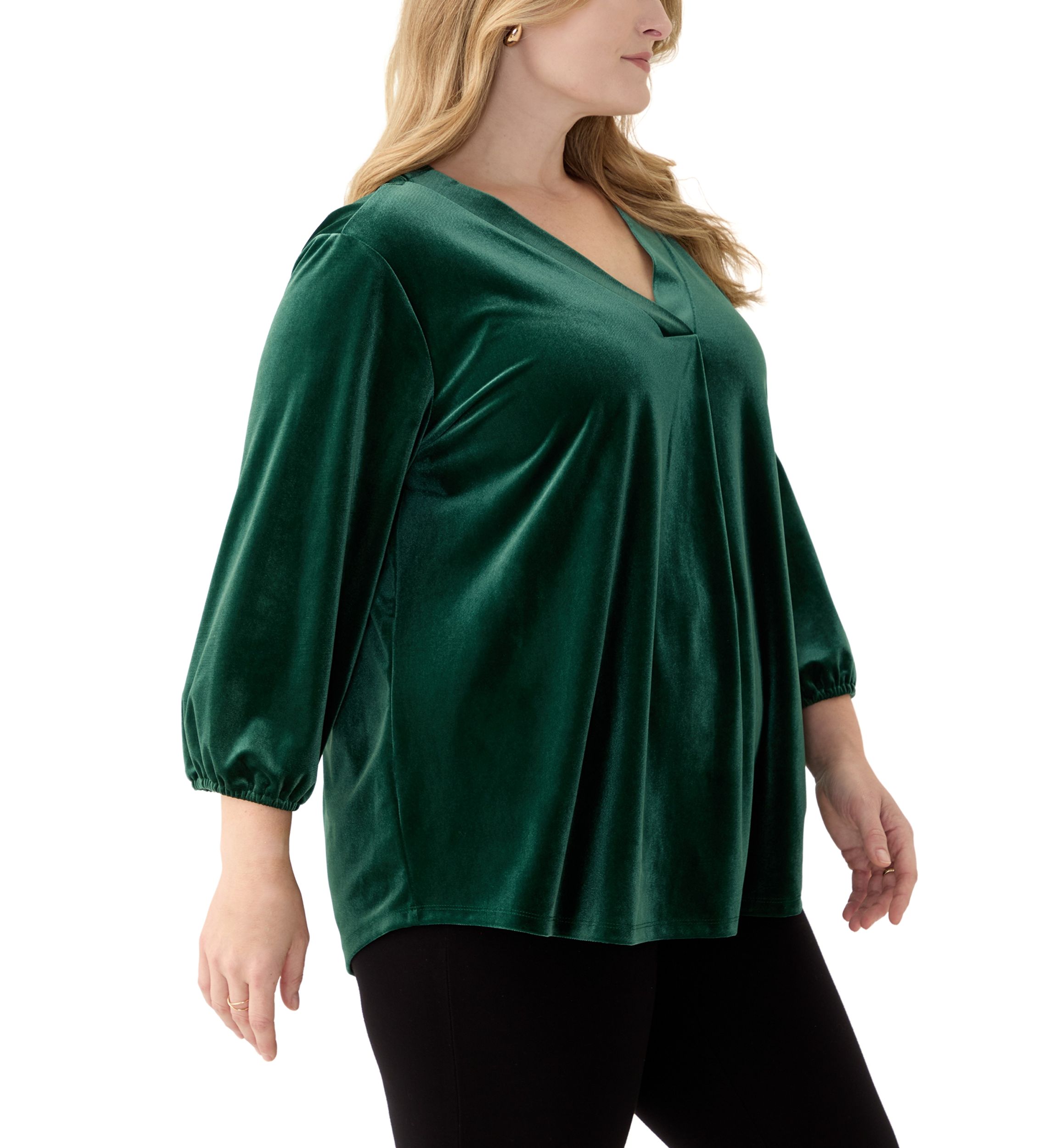 Plus Size 3/4 Sleeve Pleat Front Velour Top 