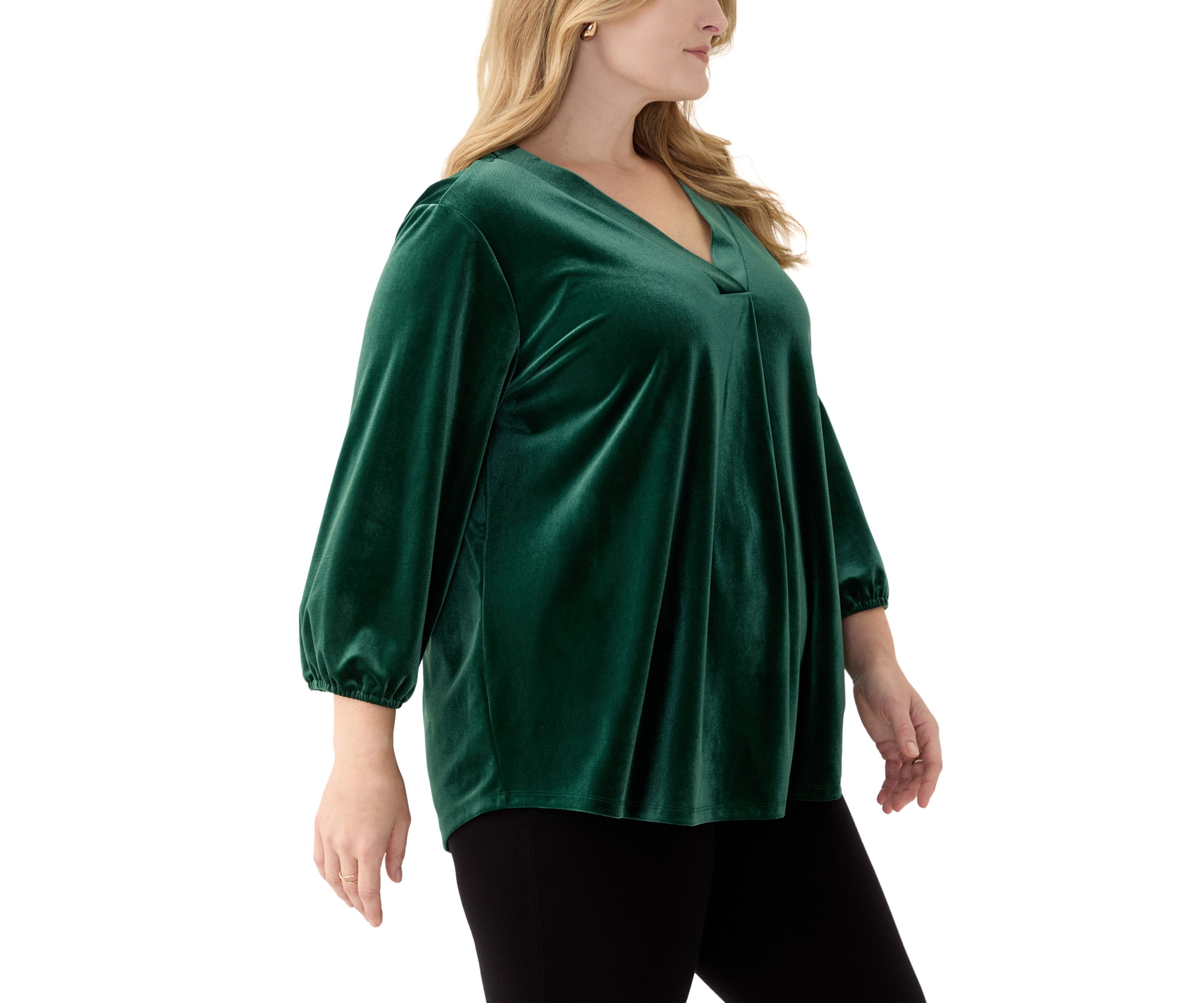 Plus Size 3/4 Sleeve Pleat Front Velour Top 