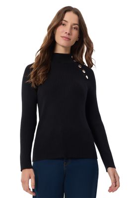 JONES NEW YORK Women's Long Sleeve Ribbed Pullover Sweater, Black, XS