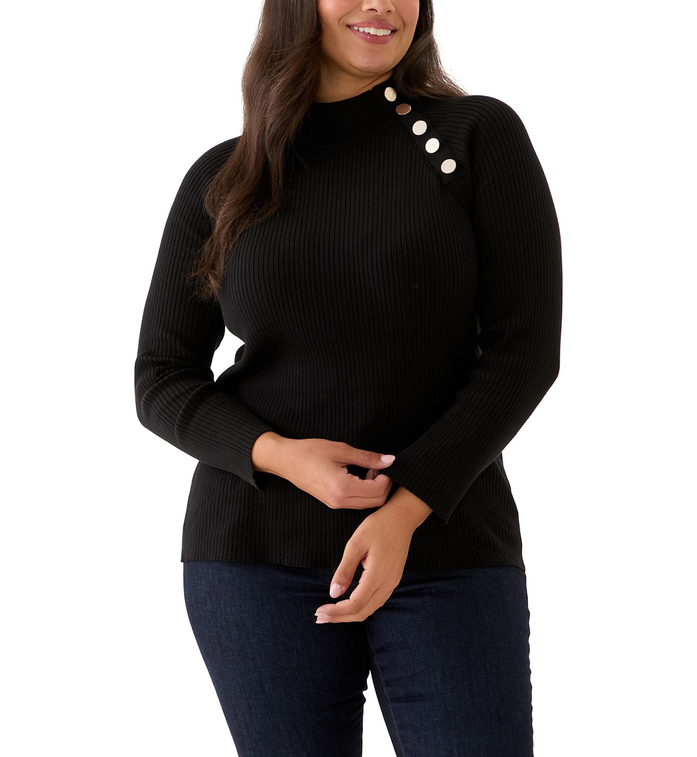 Plus Size Ribbed Raglan Sleeve Pullover with Neck Pleats