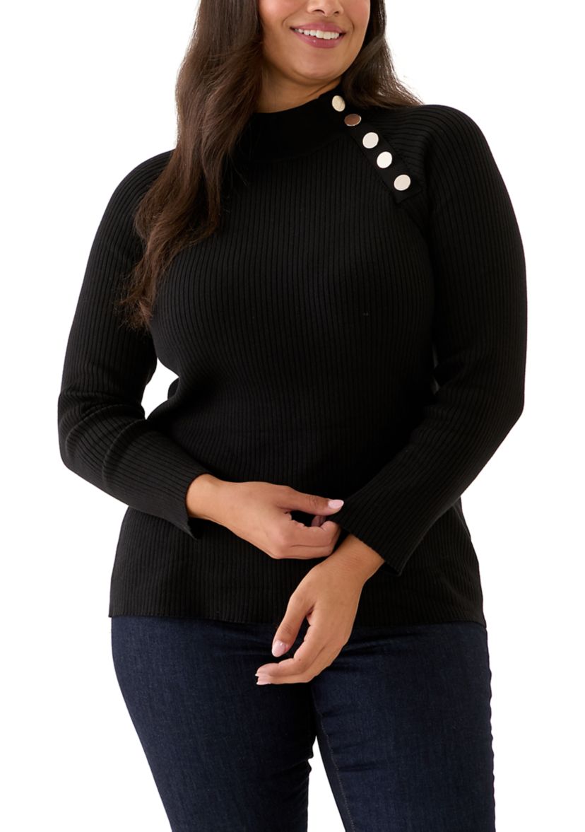 Plus Size Ribbed Raglan Sleeve Pullover with Neck Pleats