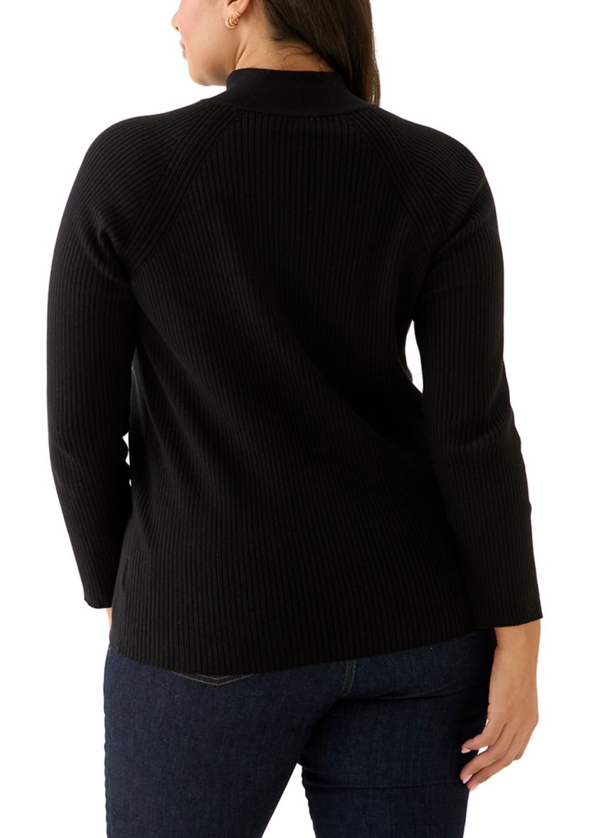 Plus Size Ribbed Raglan Sleeve Pullover with Neck Pleats