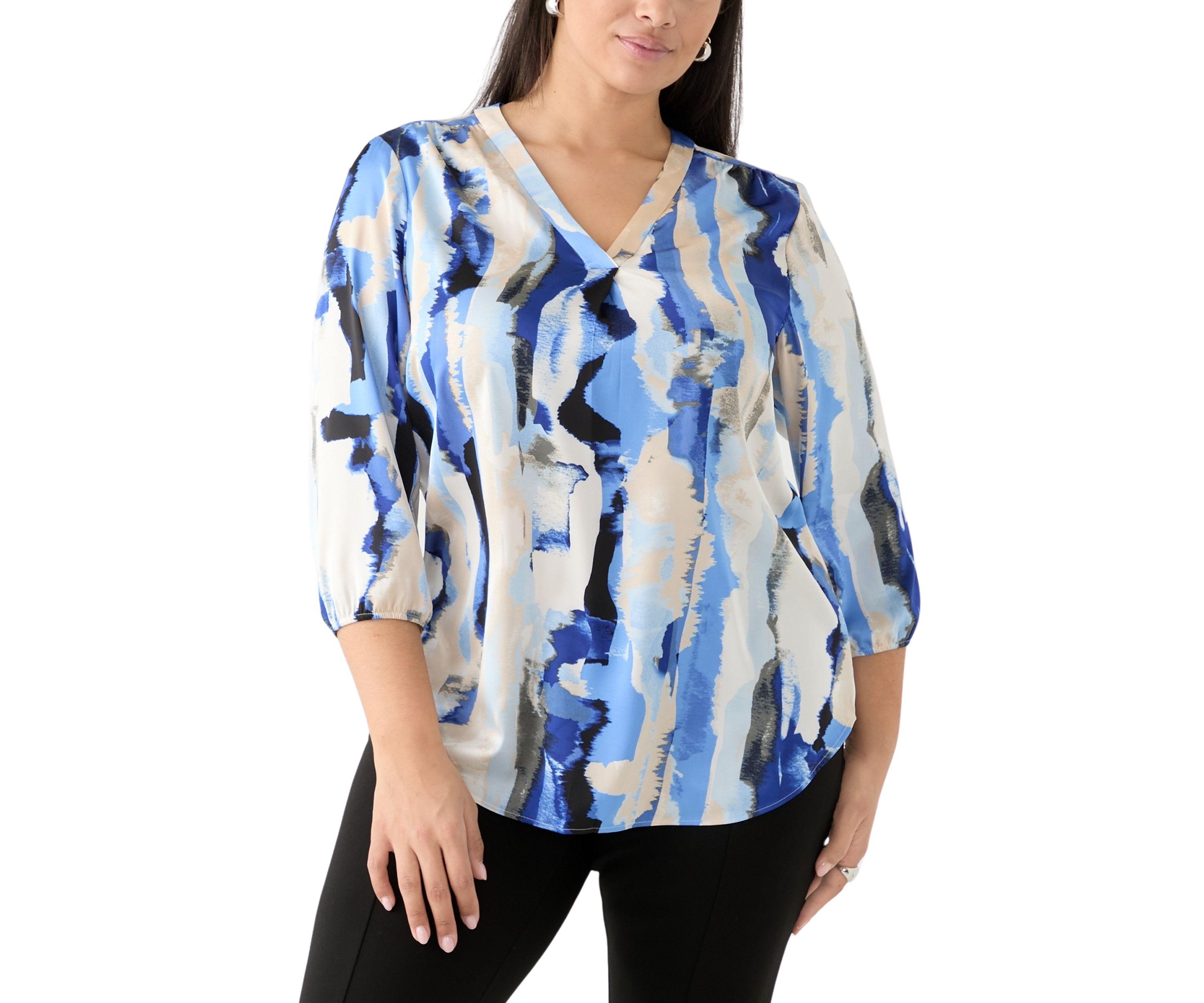 Plus Size 3/4 V-Neck Printed Satin Tunic 