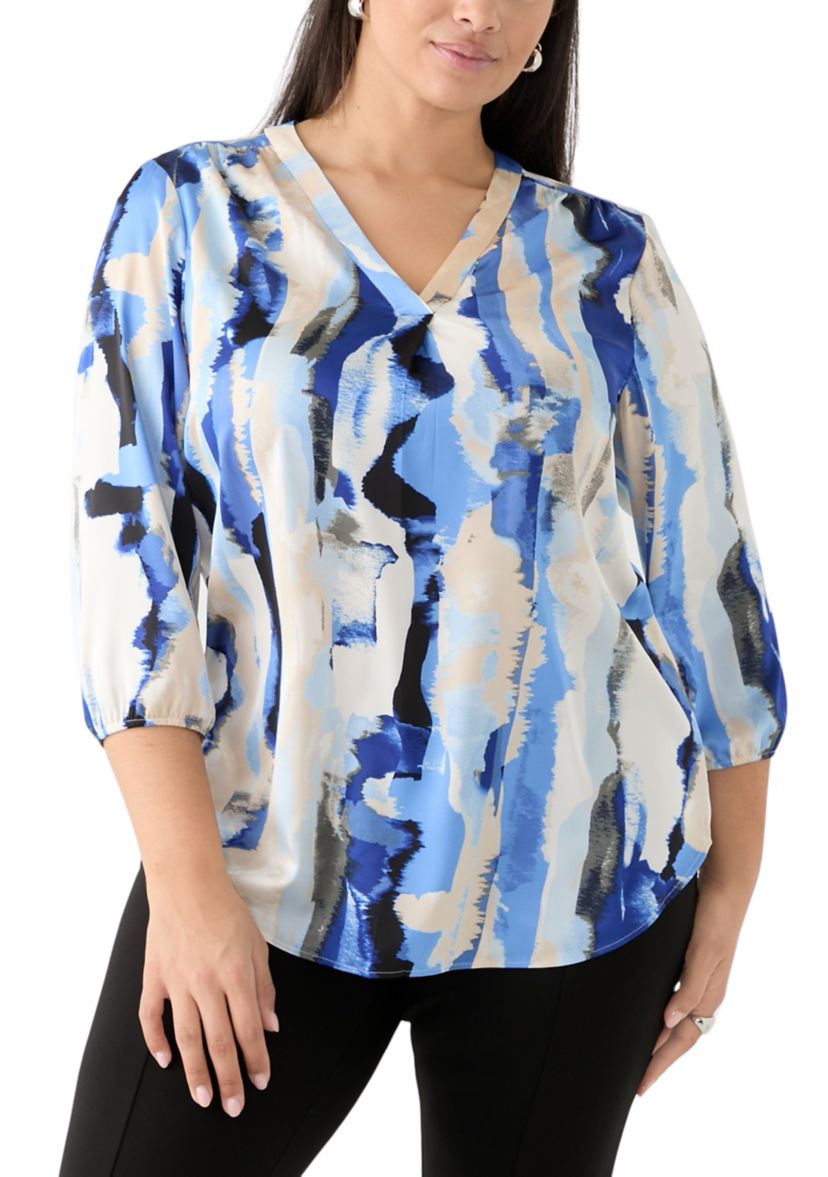 Plus Size 3/4 V-Neck Printed Satin Tunic 