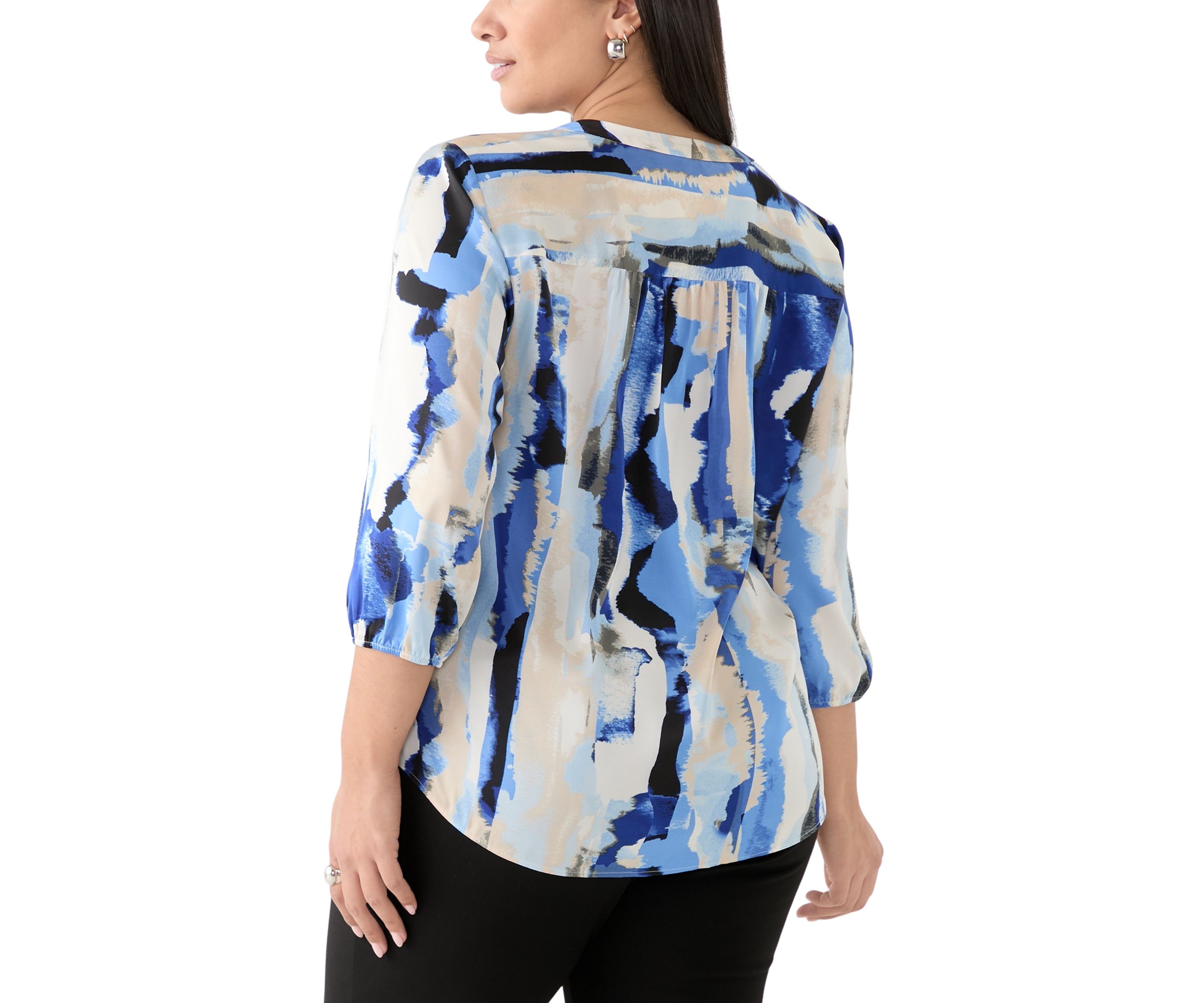 Plus Size 3/4 V-Neck Printed Satin Tunic 