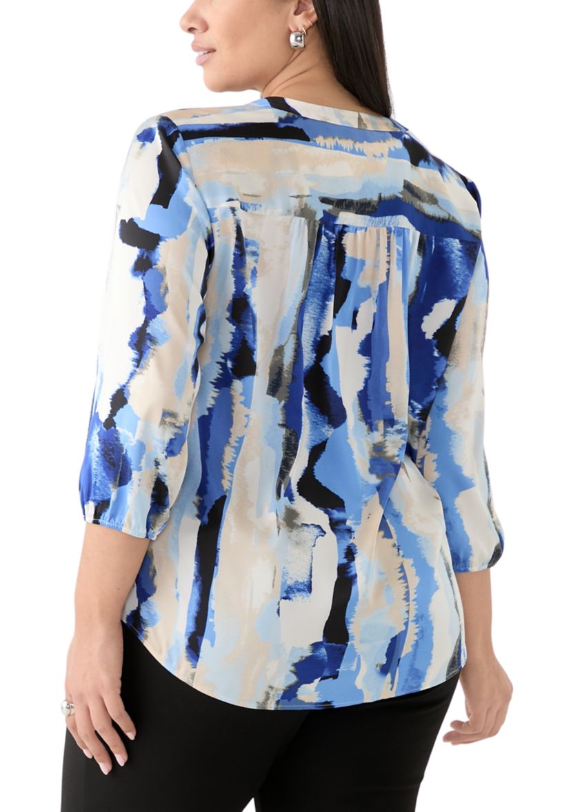 Plus Size 3/4 V-Neck Printed Satin Tunic 