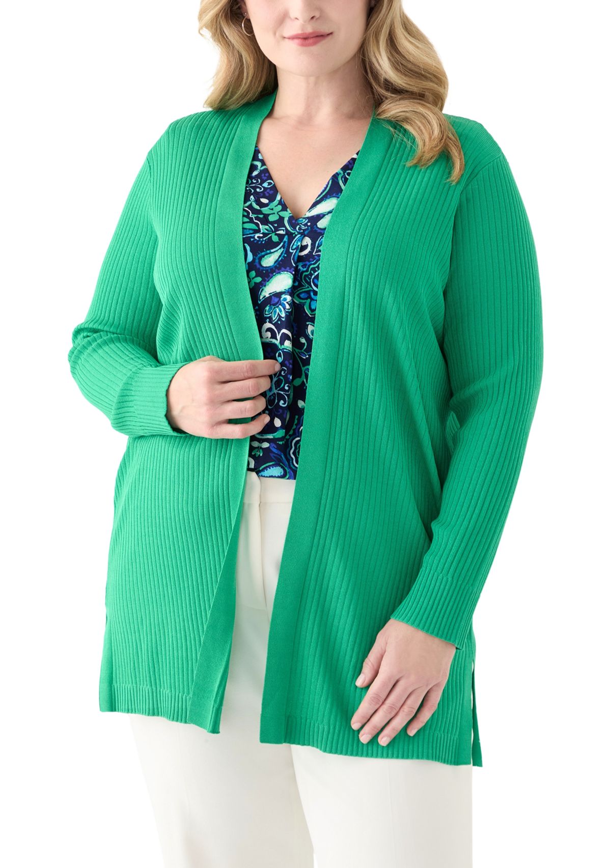Plus Size Long Sleeve Cardigan with Side Slits