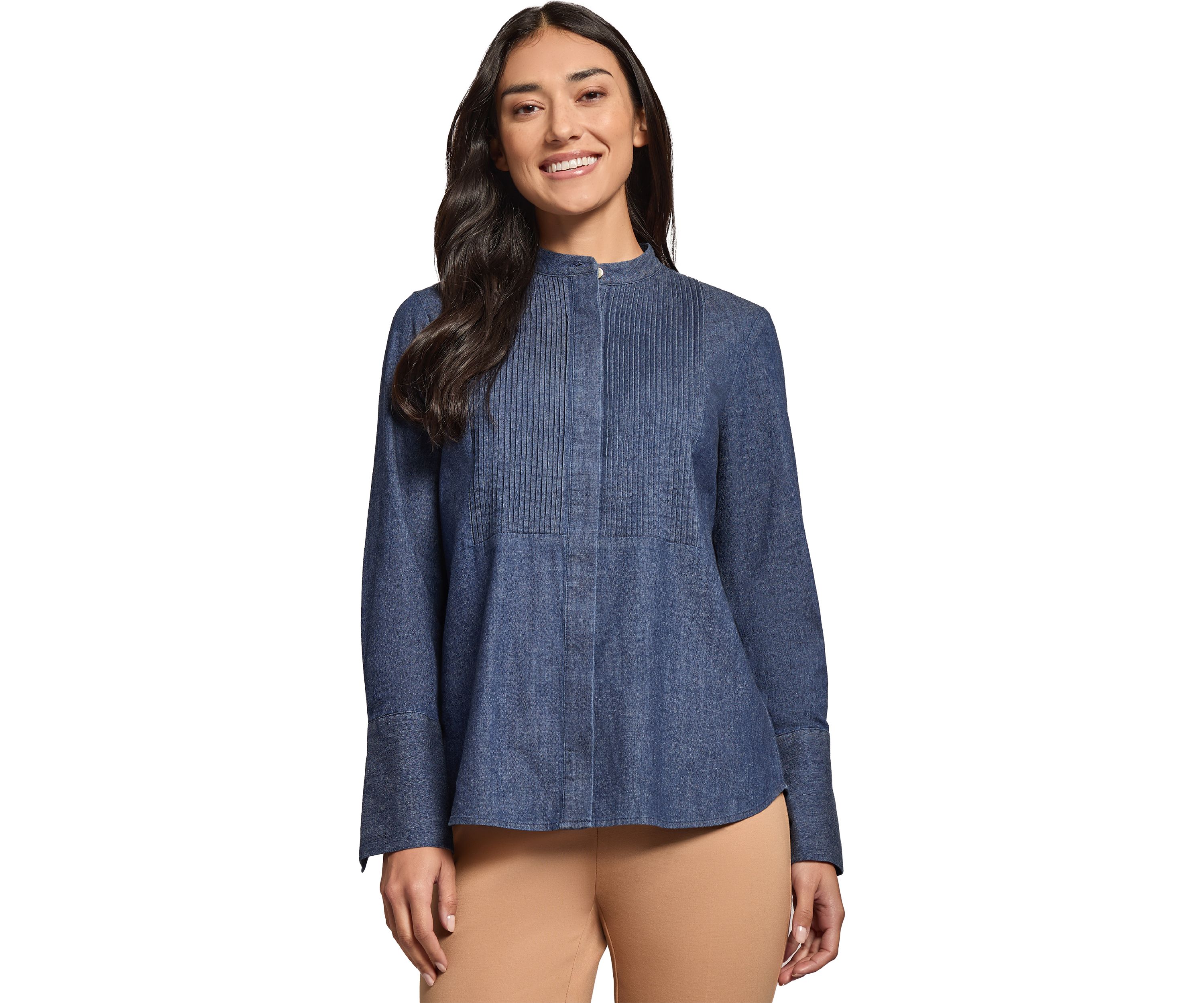 Womens Long Sleeve Y-Neck Button Down Blouse