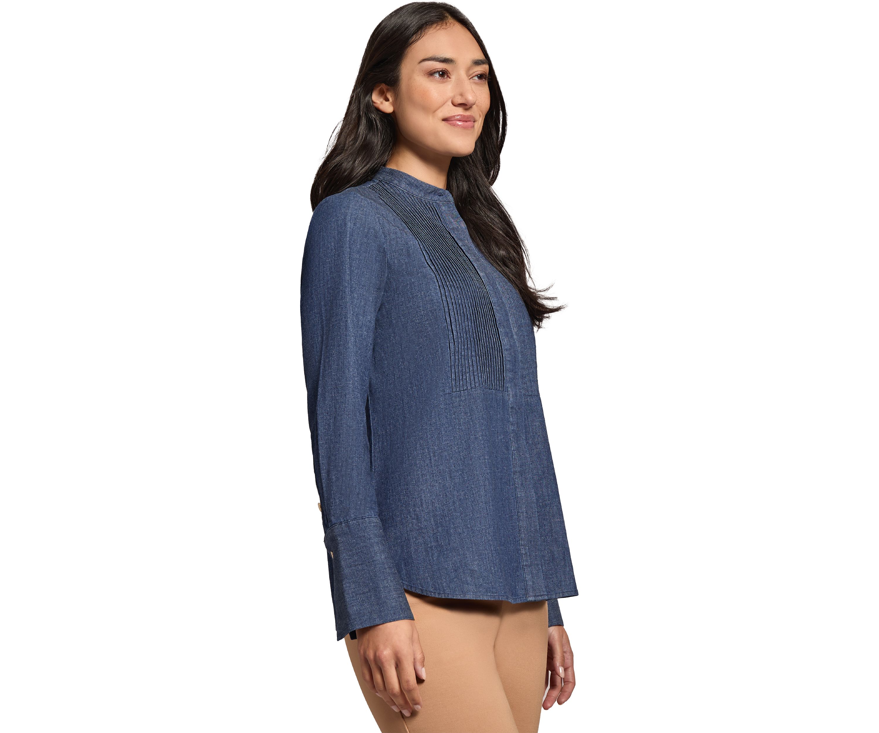 Womens Long Sleeve Y-Neck Button Down Blouse