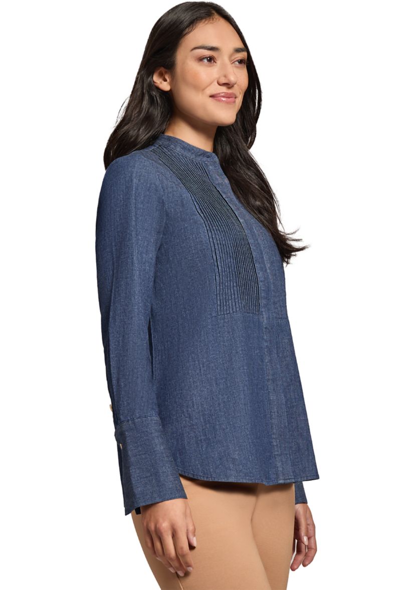 Womens Long Sleeve Y-Neck Button Down Blouse