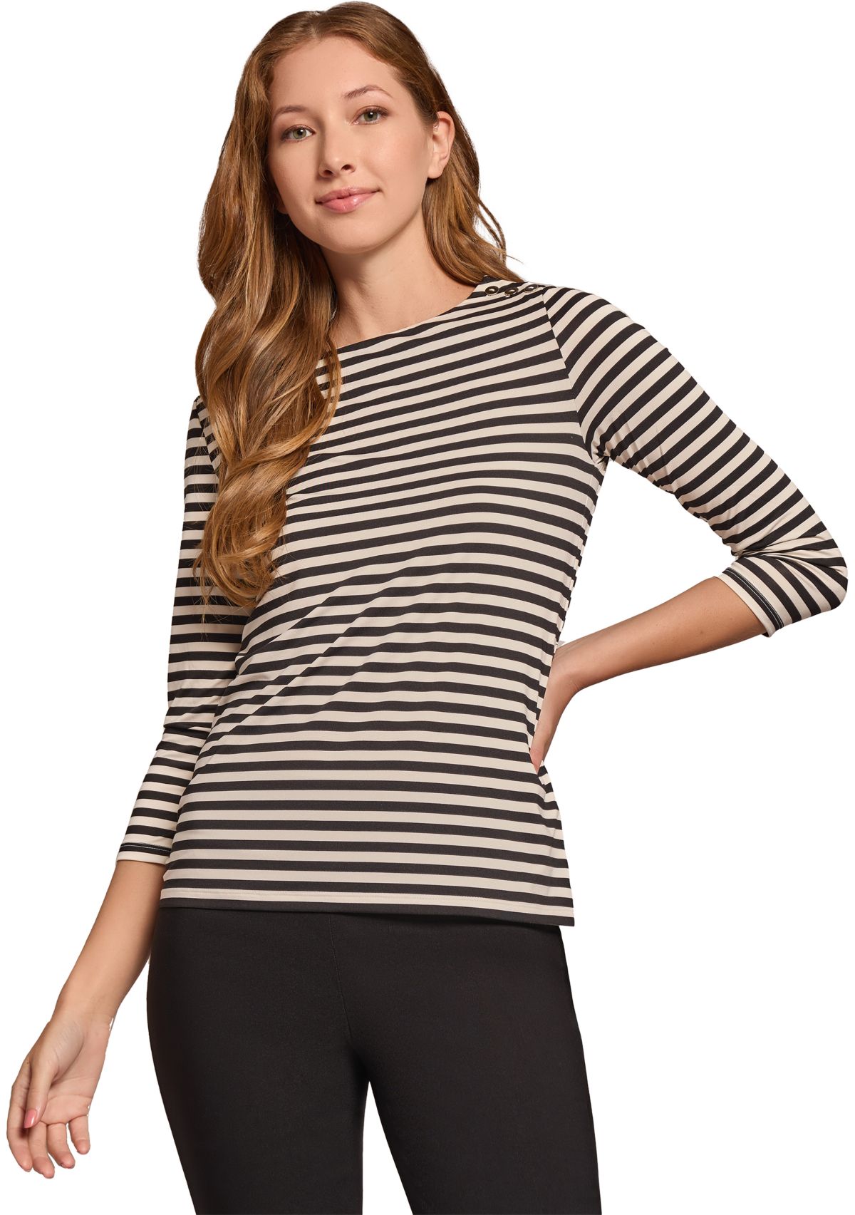 Womens Printed 3/4 Sleeve Boat Neck Button Shoulder Blouse 