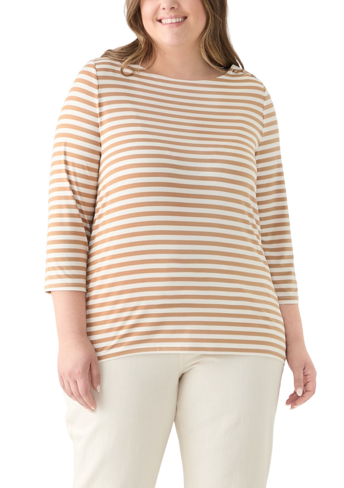 Plus Size 3/4 Sleeve Boat Neck with Button Shoulder Tunic Top