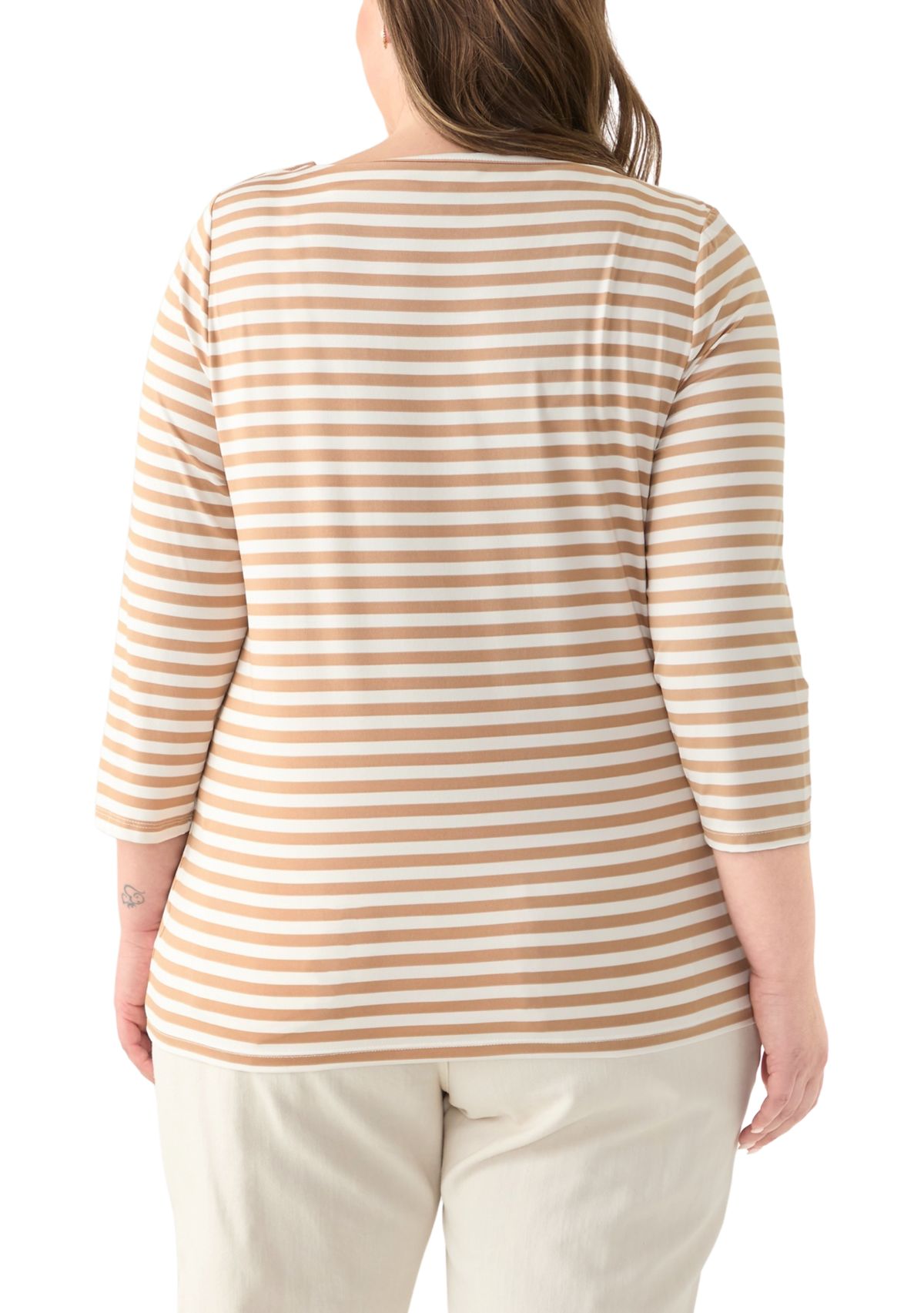 Plus Size 3/4 Sleeve Boat Neck with Button Shoulder Tunic Top