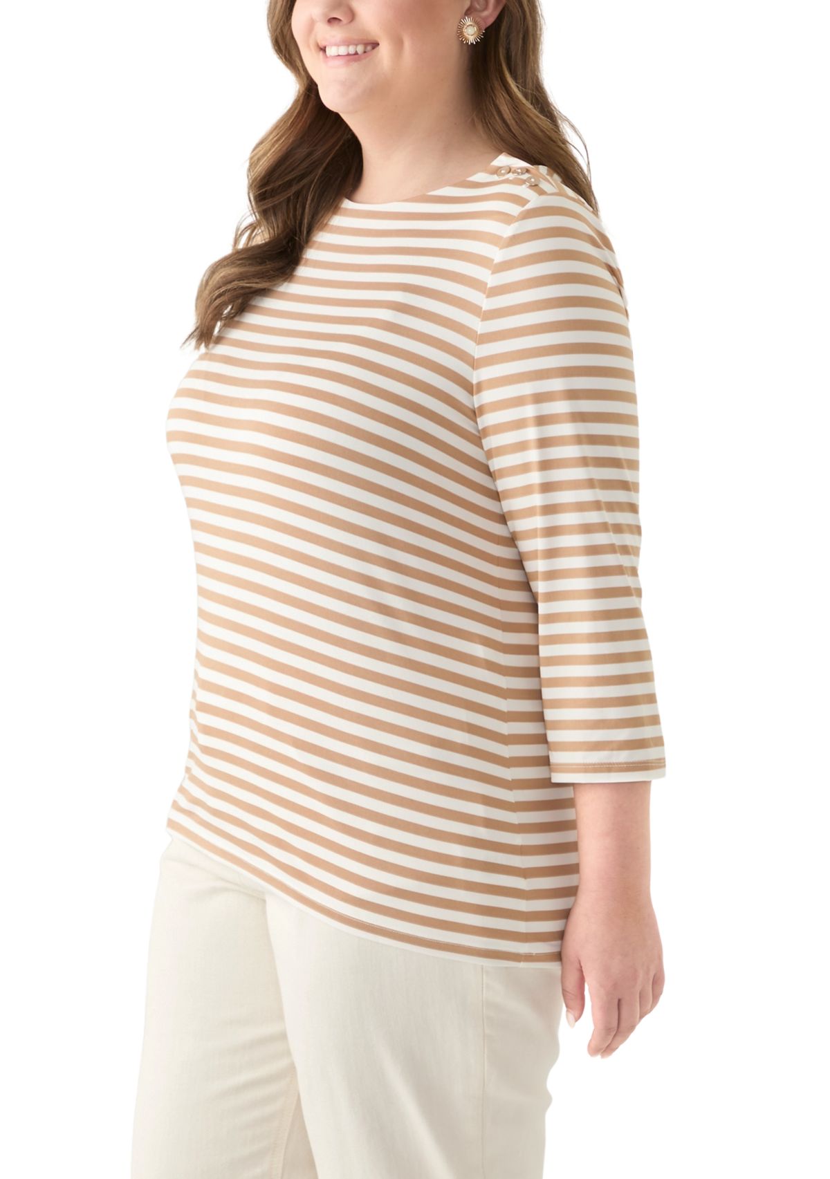 Plus Size 3/4 Sleeve Boat Neck with Button Shoulder Tunic Top