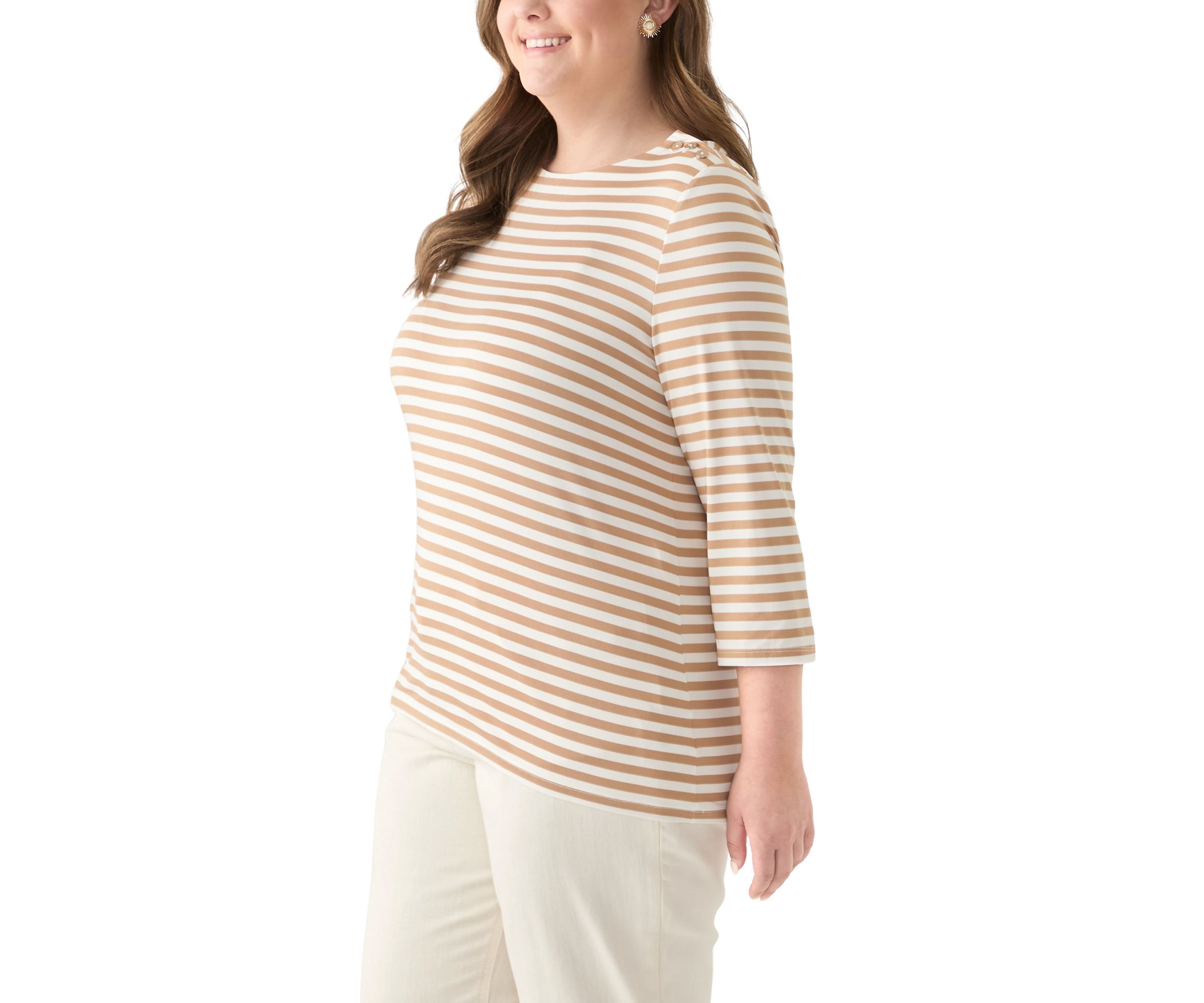 Plus Size 3/4 Sleeve Boat Neck with Button Shoulder Tunic Top