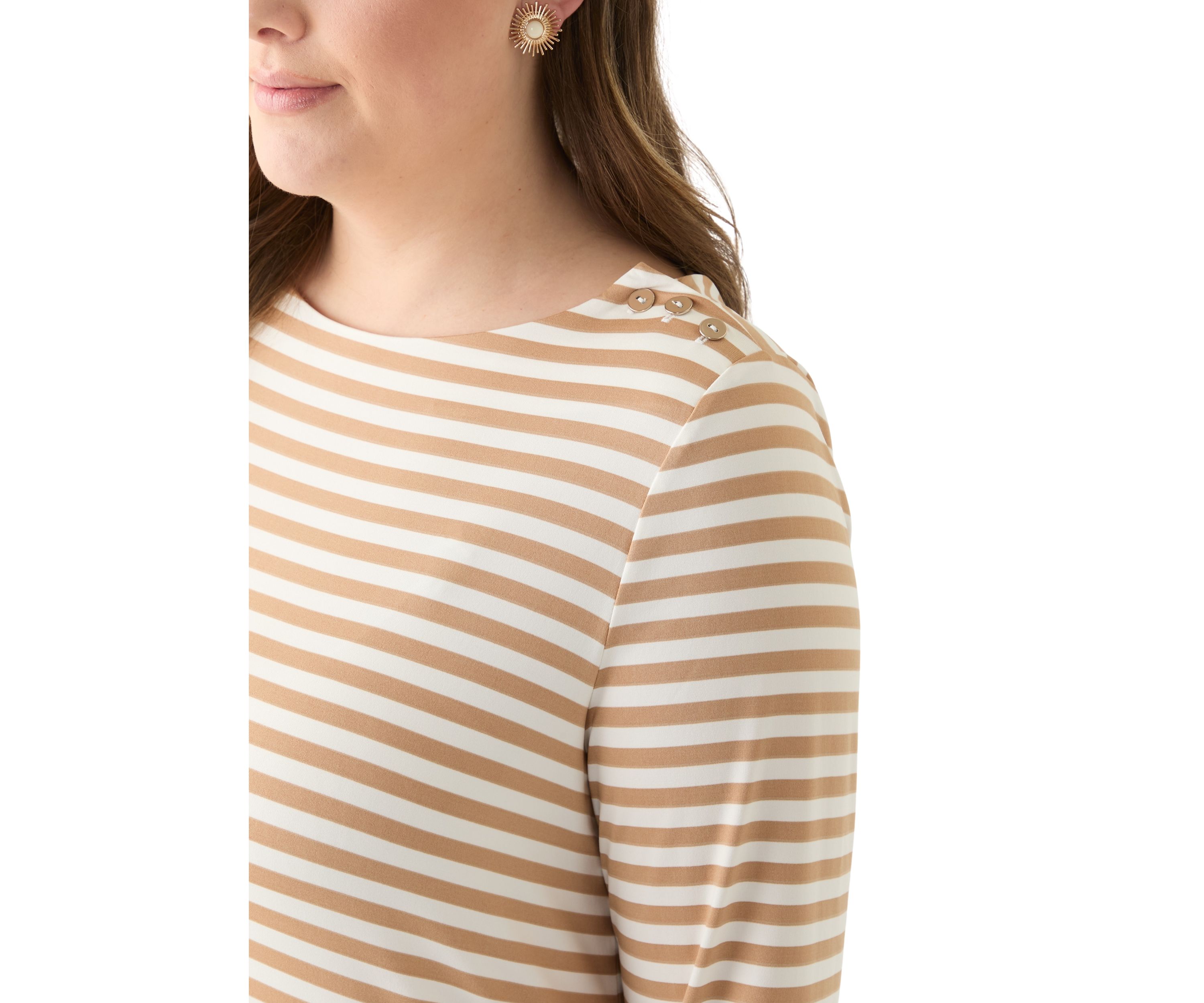 Plus Size 3/4 Sleeve Boat Neck with Button Shoulder Tunic Top