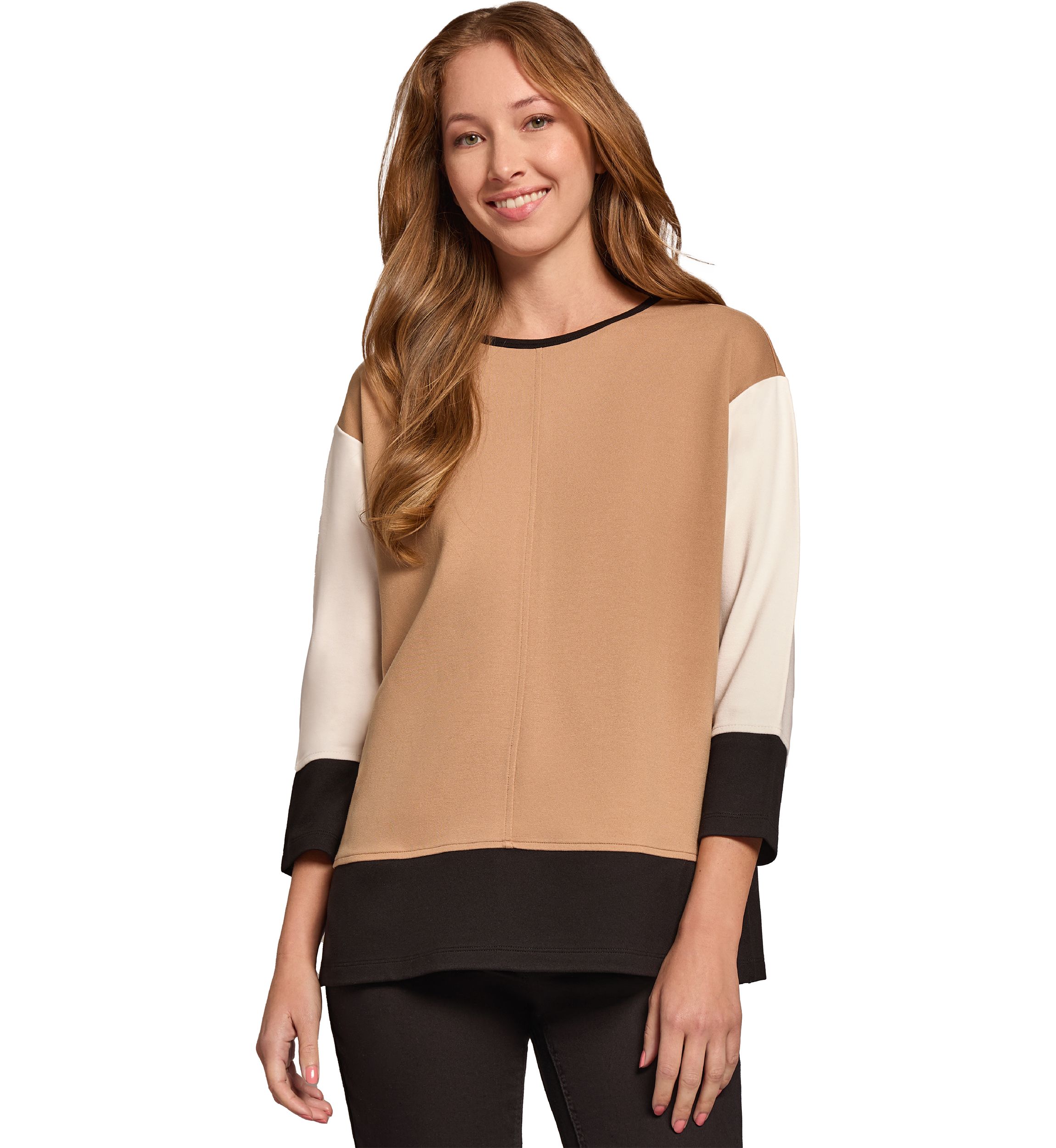 Womens Serenity Knit Colorblocked 3/4 Dolman Sleeve Seam Detail Tunic