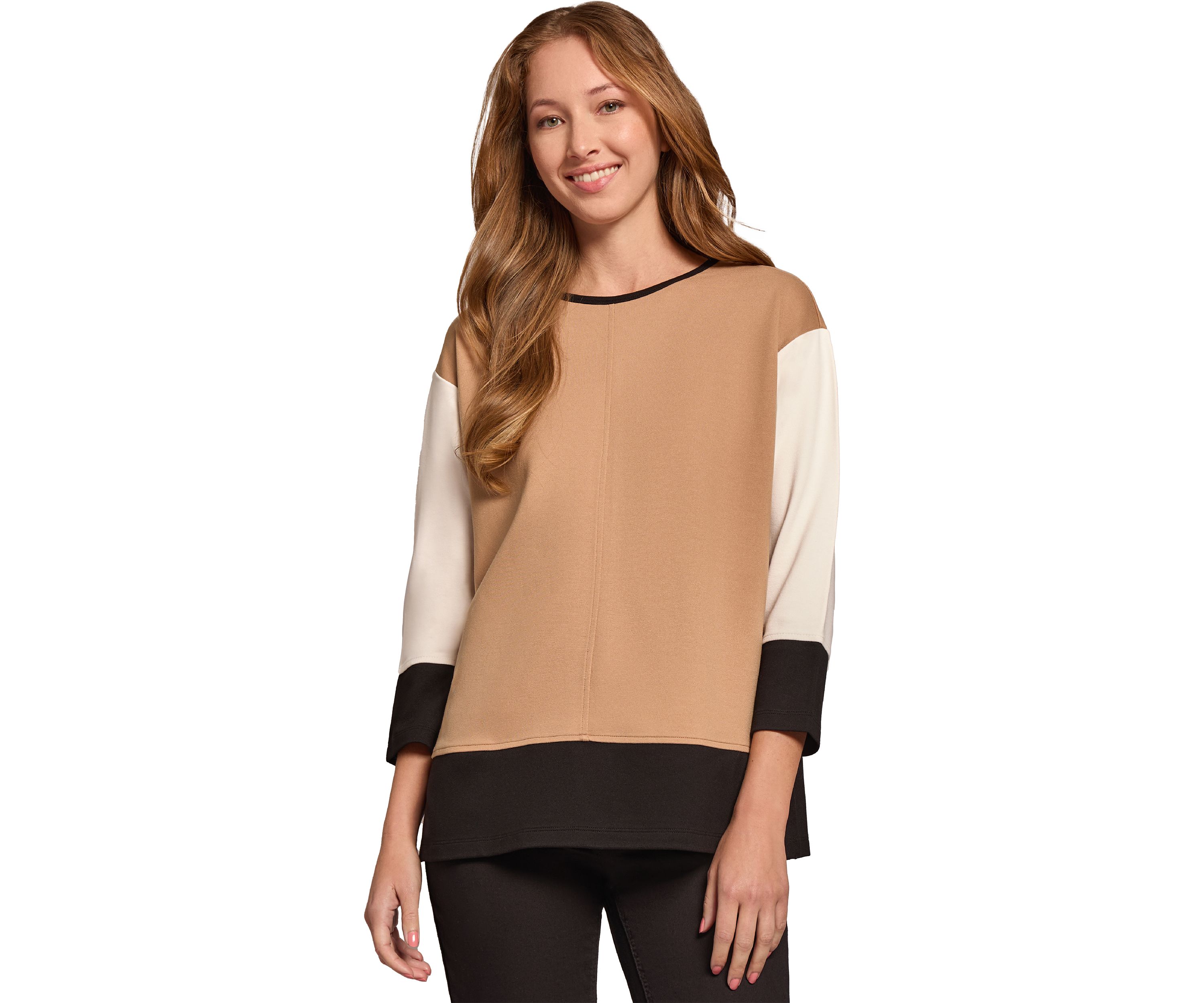 Womens Serenity Knit Colorblocked 3/4 Dolman Sleeve Seam Detail Tunic