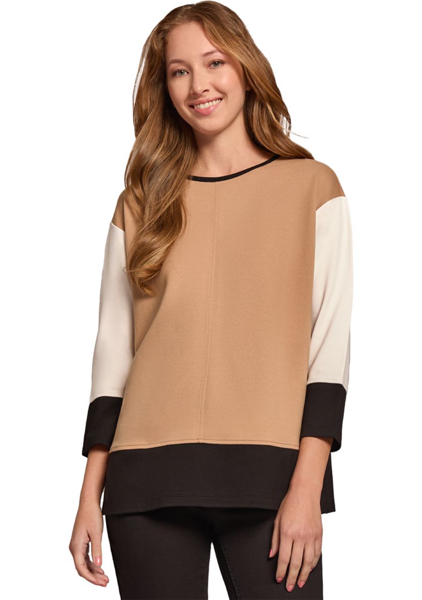 Womens Serenity Knit Colorblocked 3/4 Dolman Sleeve Seam Detail Tunic