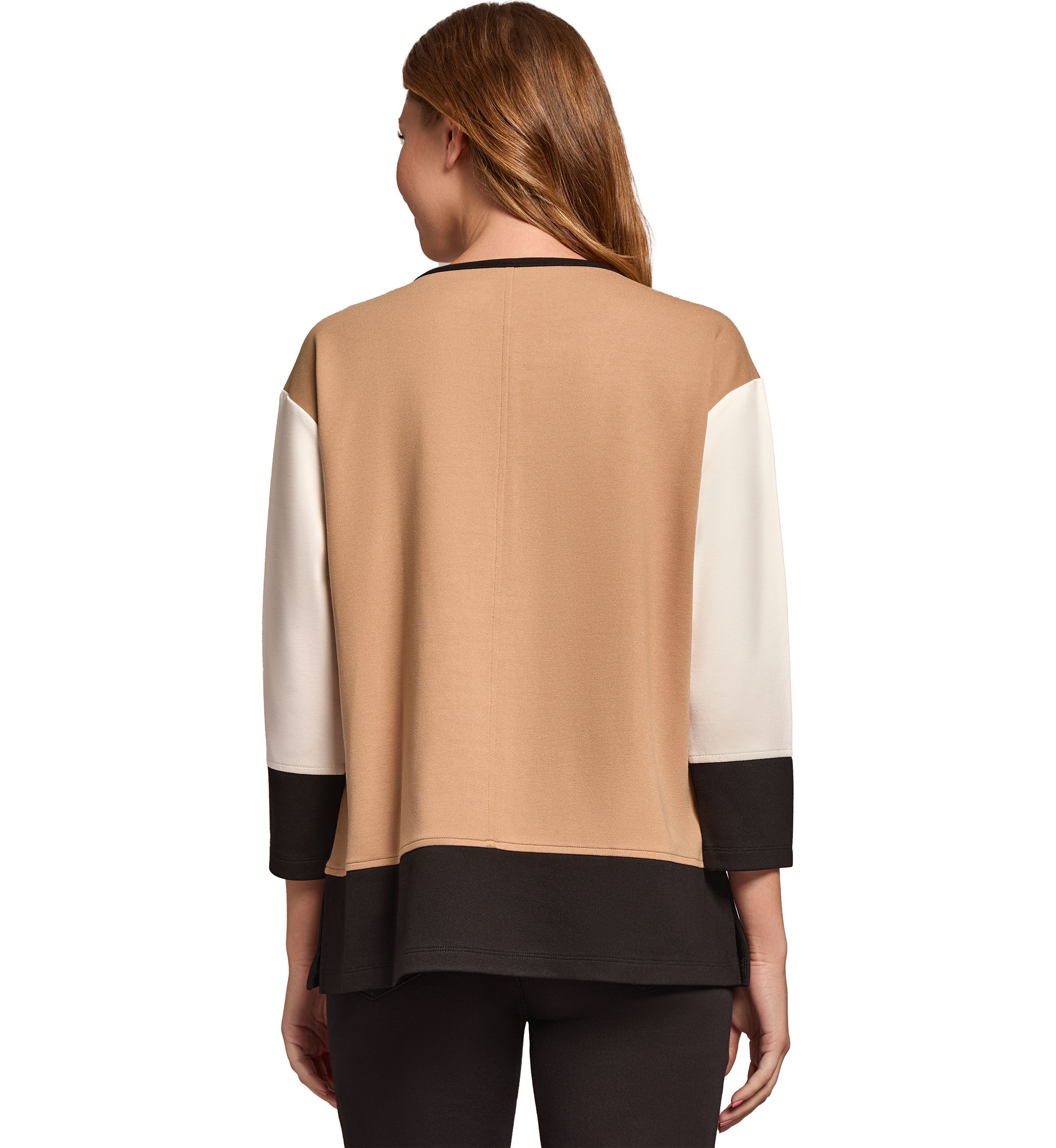Womens Serenity Knit Colorblocked 3/4 Dolman Sleeve Seam Detail Tunic