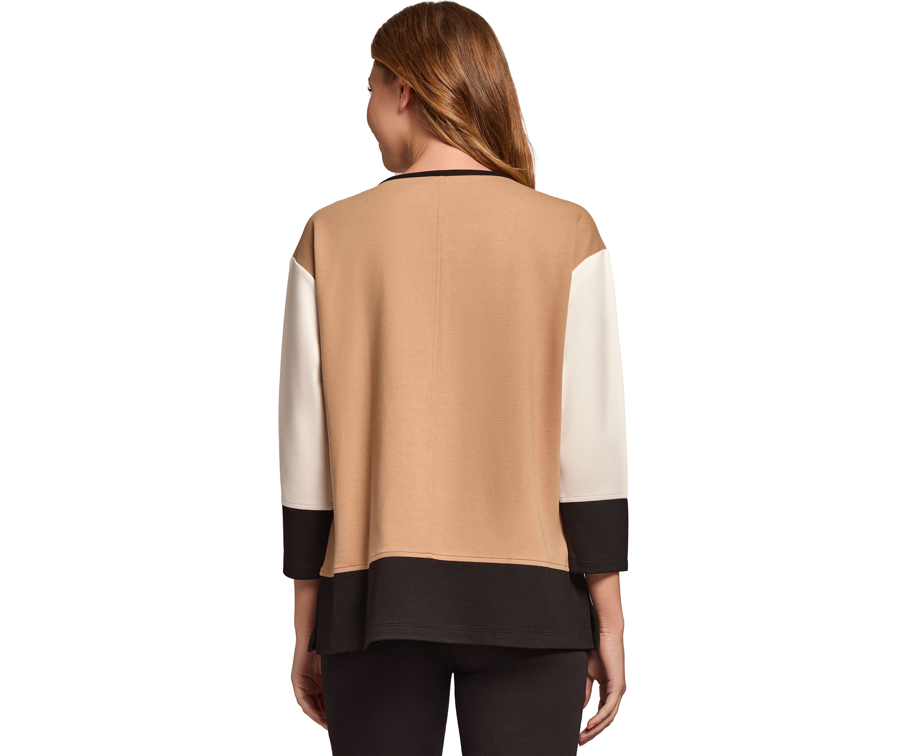 Womens Serenity Knit Colorblocked 3/4 Dolman Sleeve Seam Detail Tunic