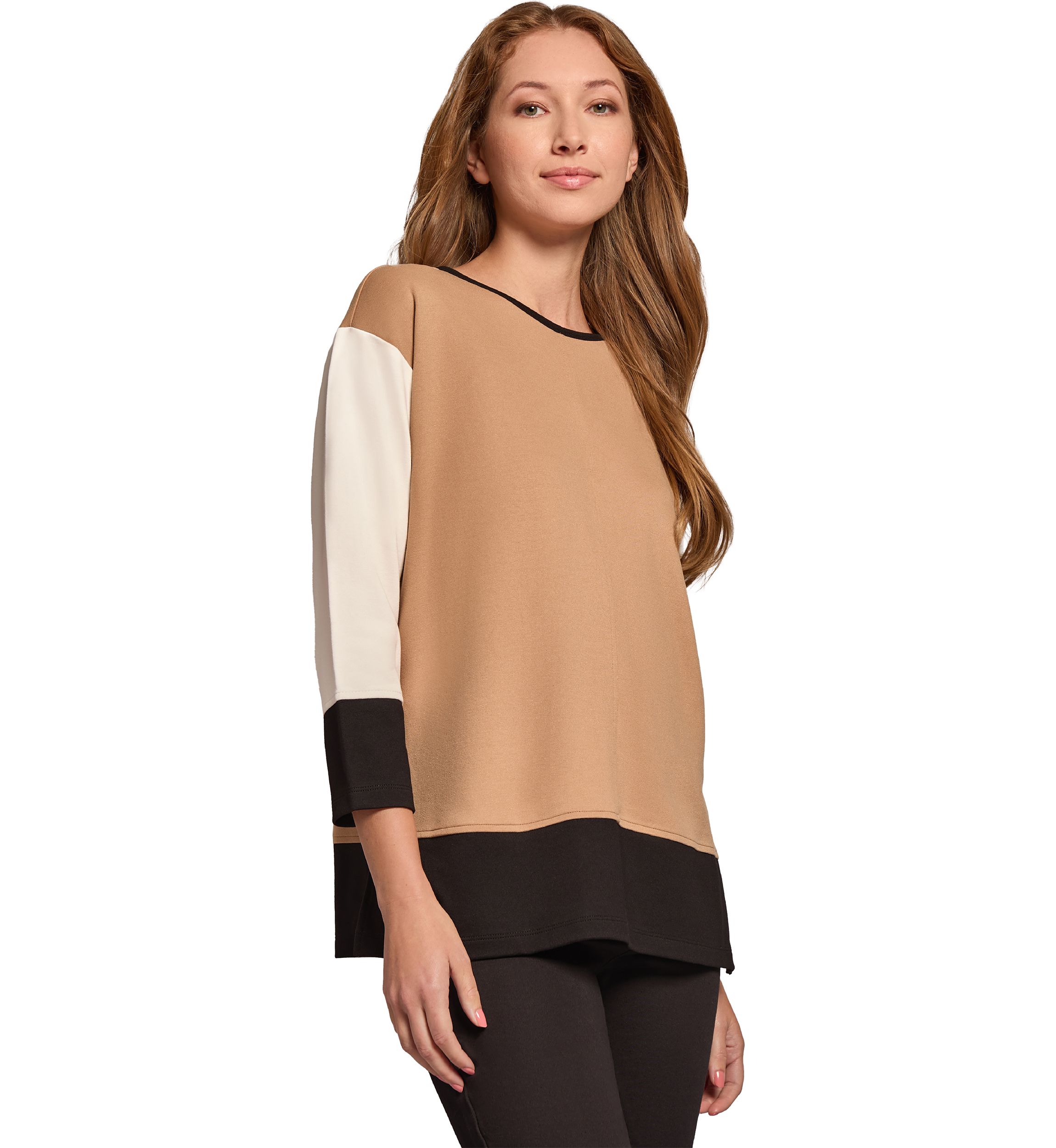 Womens Serenity Knit Colorblocked 3/4 Dolman Sleeve Seam Detail Tunic