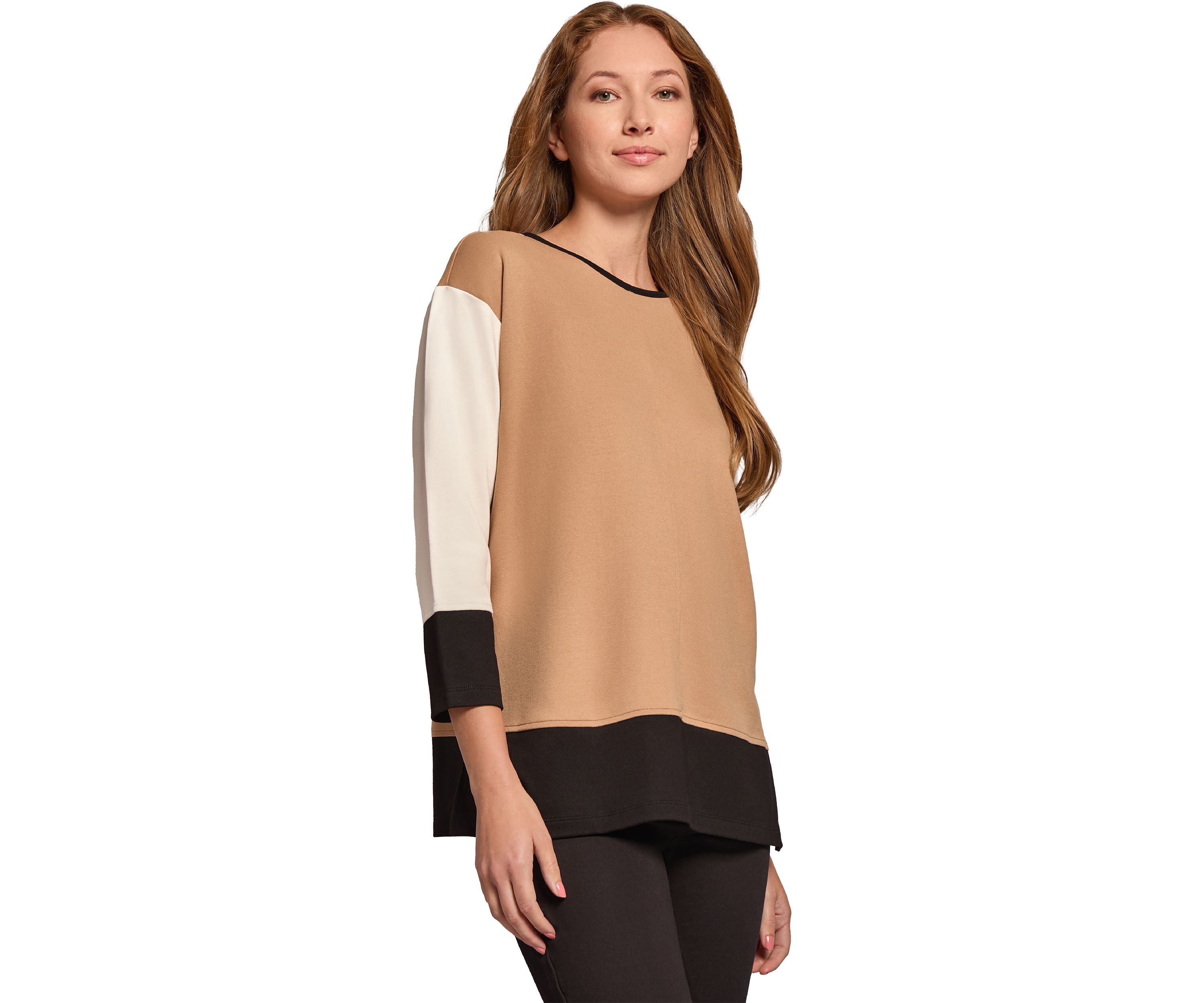 Womens Serenity Knit Colorblocked 3/4 Dolman Sleeve Seam Detail Tunic