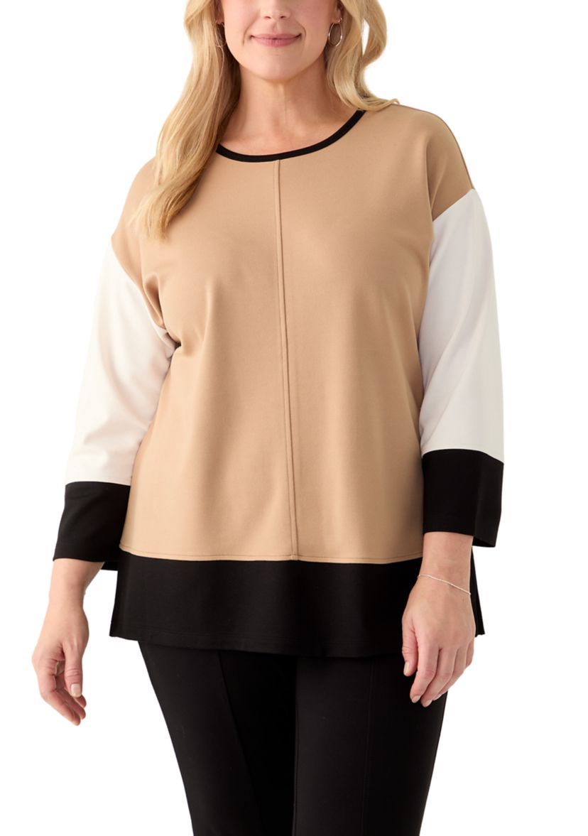 Plus Size Serenity Knit Color Blocked 3/4 Sleeve Tunic Top