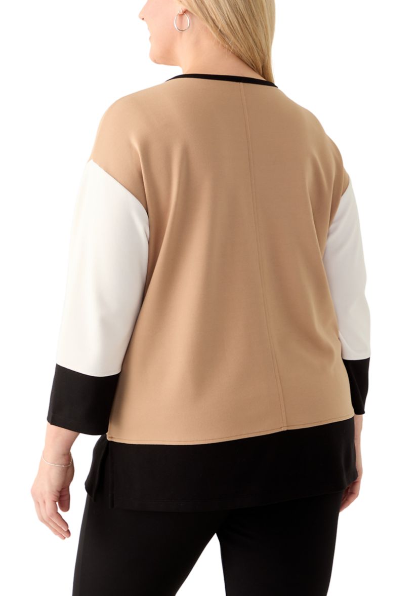 Plus Size Serenity Knit Color Blocked 3/4 Sleeve Tunic Top