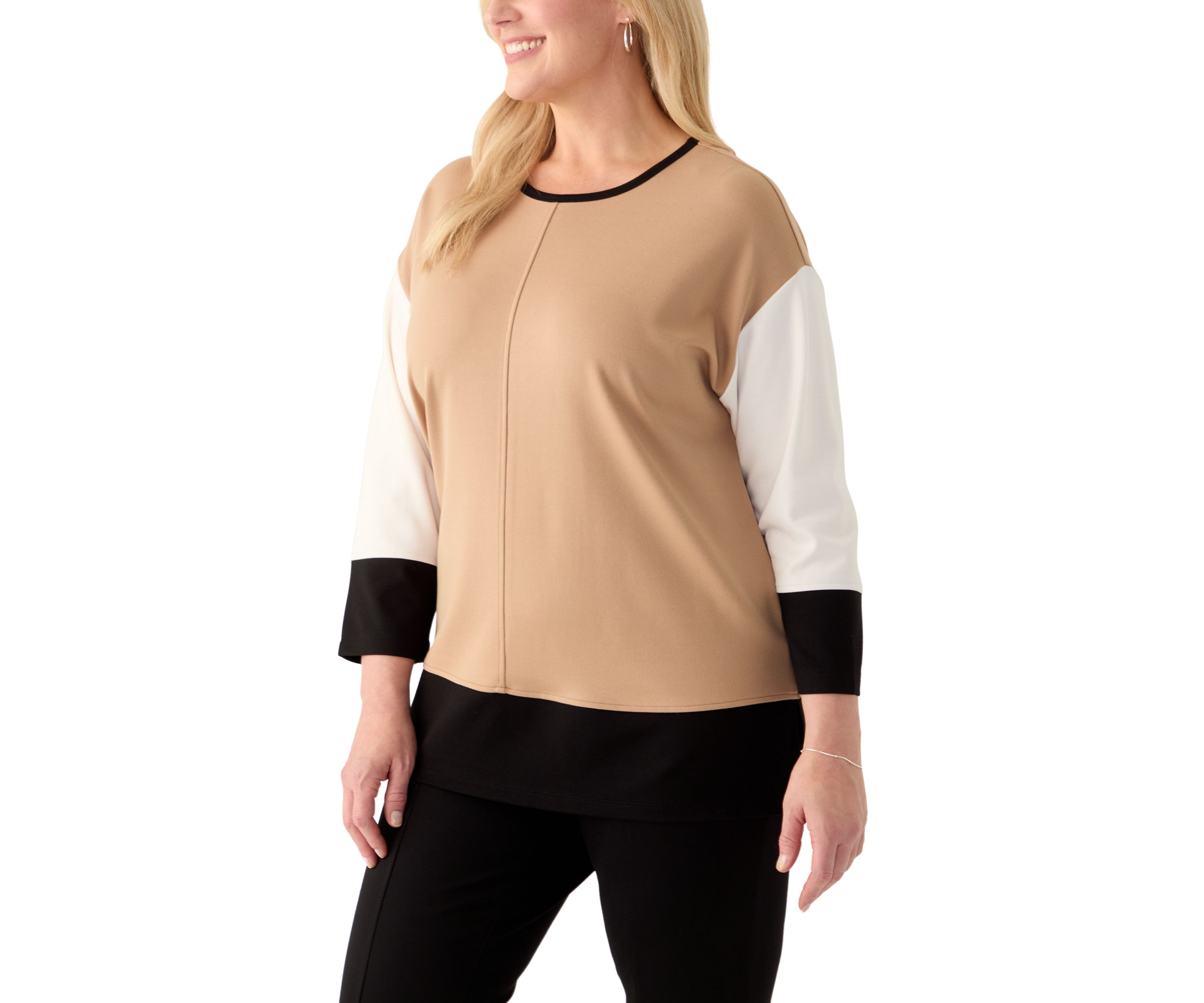 Plus Size Serenity Knit Color Blocked 3/4 Sleeve Tunic Top