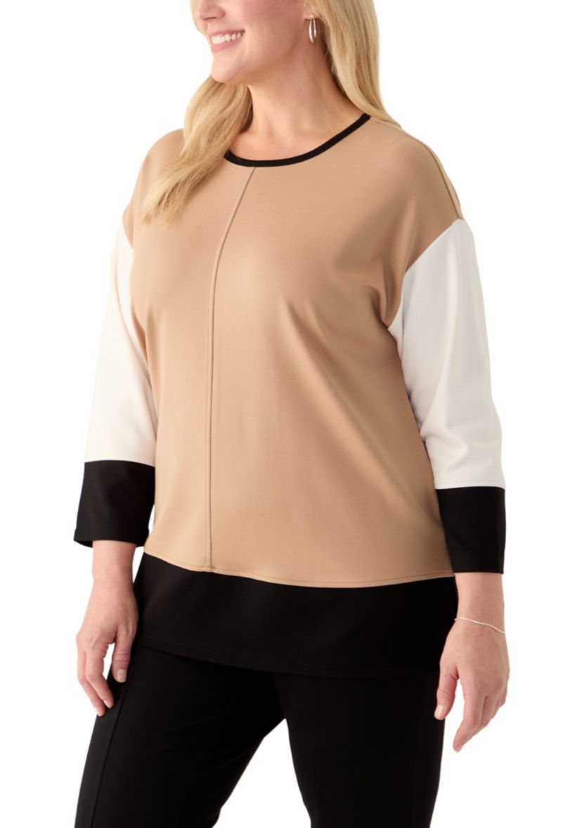 Plus Size Serenity Knit Color Blocked 3/4 Sleeve Tunic Top