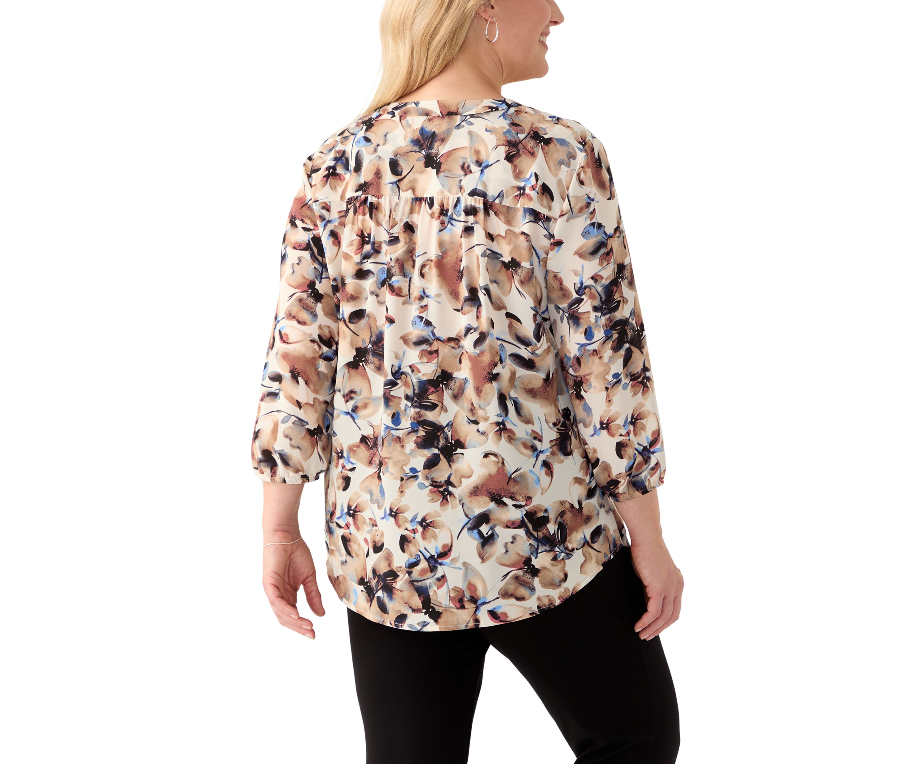Plus Size 3/4 Sleeve V-Neck Pleat Front Tunic Top