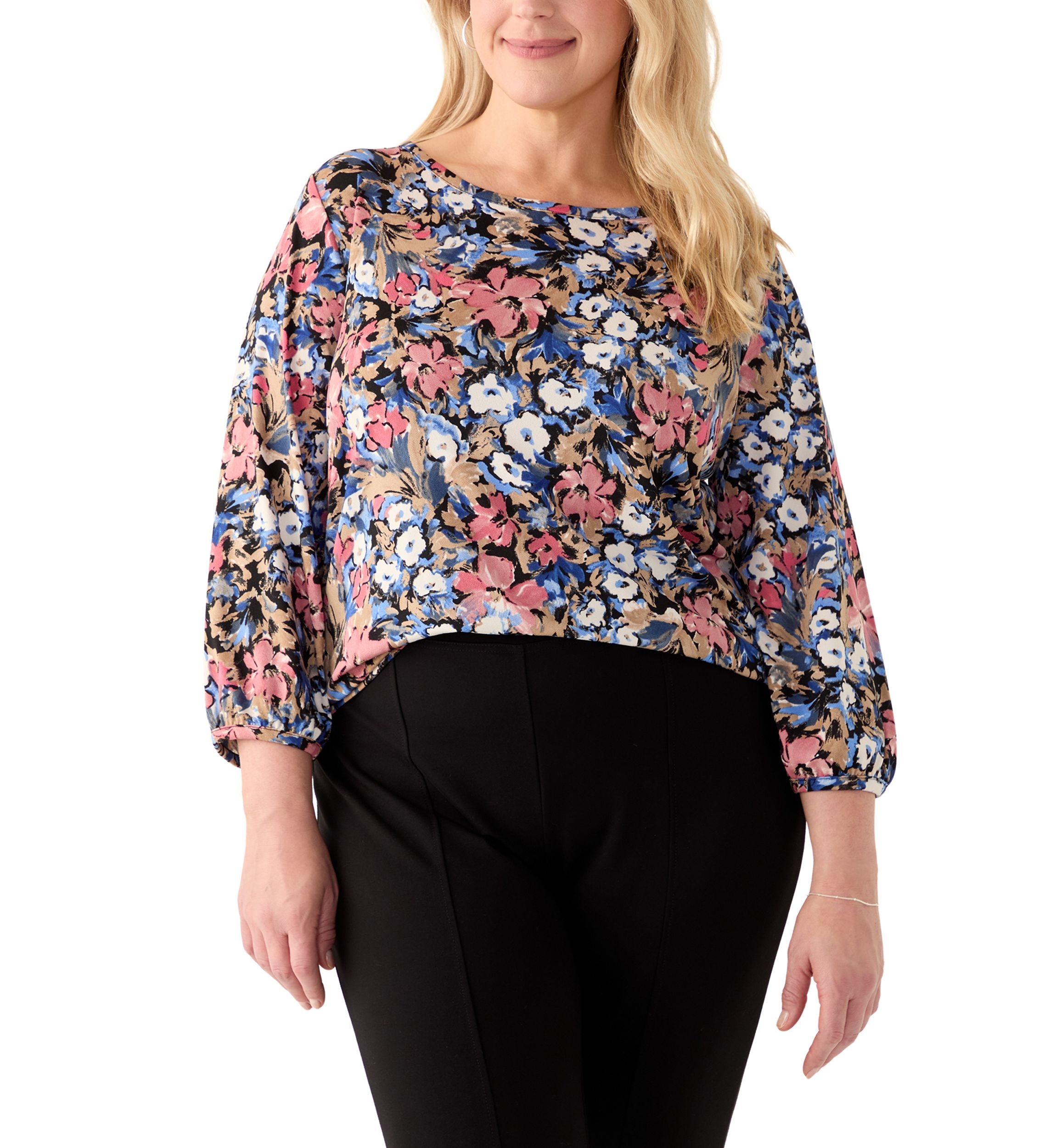 Plus Size 3/4 Puff Sleeve Crew Neck Crepe Top