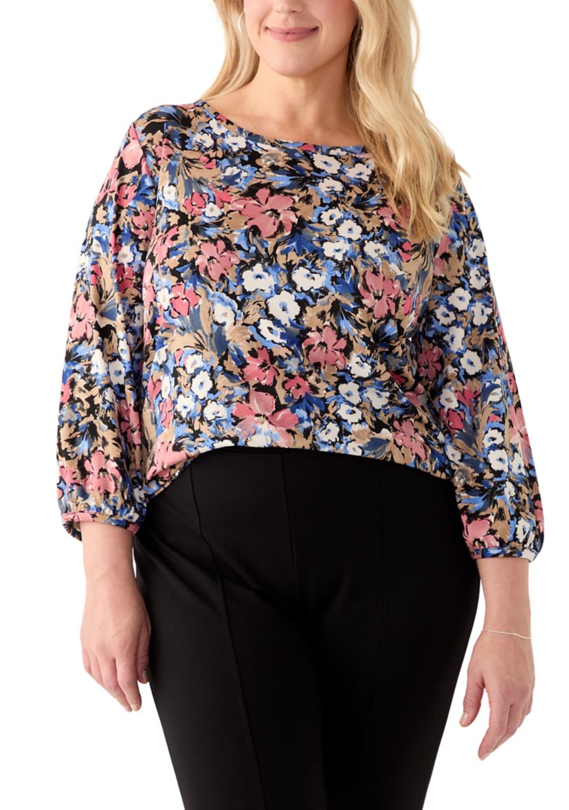 Plus Size 3/4 Puff Sleeve Crew Neck Crepe Top