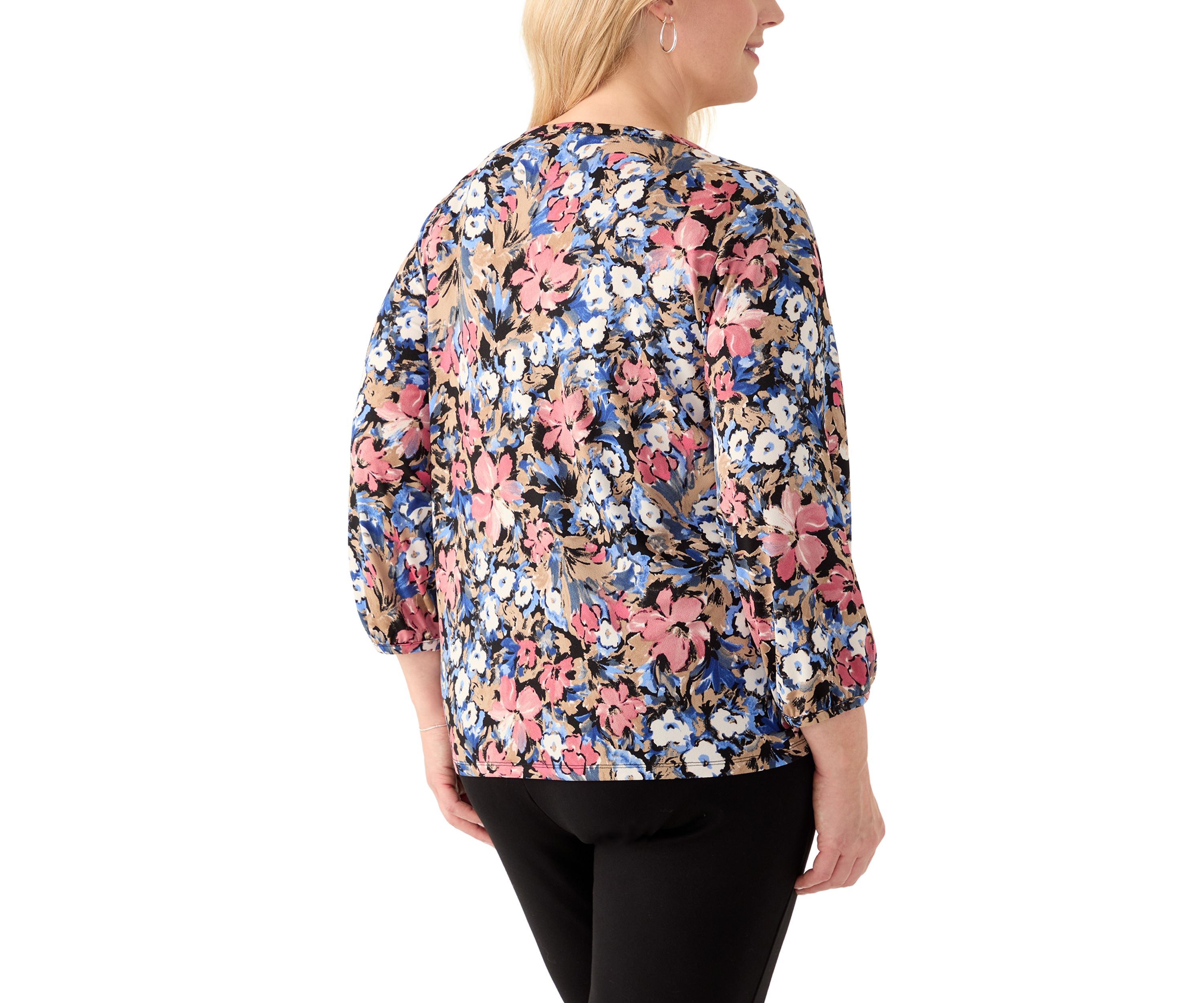 Plus Size 3/4 Puff Sleeve Crew Neck Crepe Top