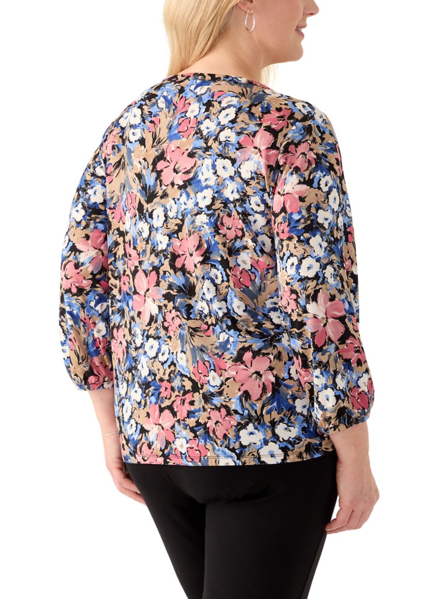 Plus Size 3/4 Puff Sleeve Crew Neck Crepe Top