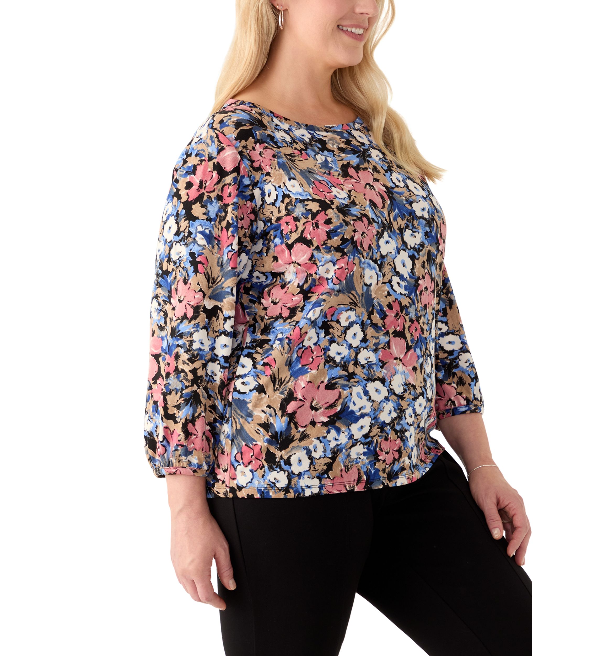 Plus Size 3/4 Puff Sleeve Crew Neck Crepe Top