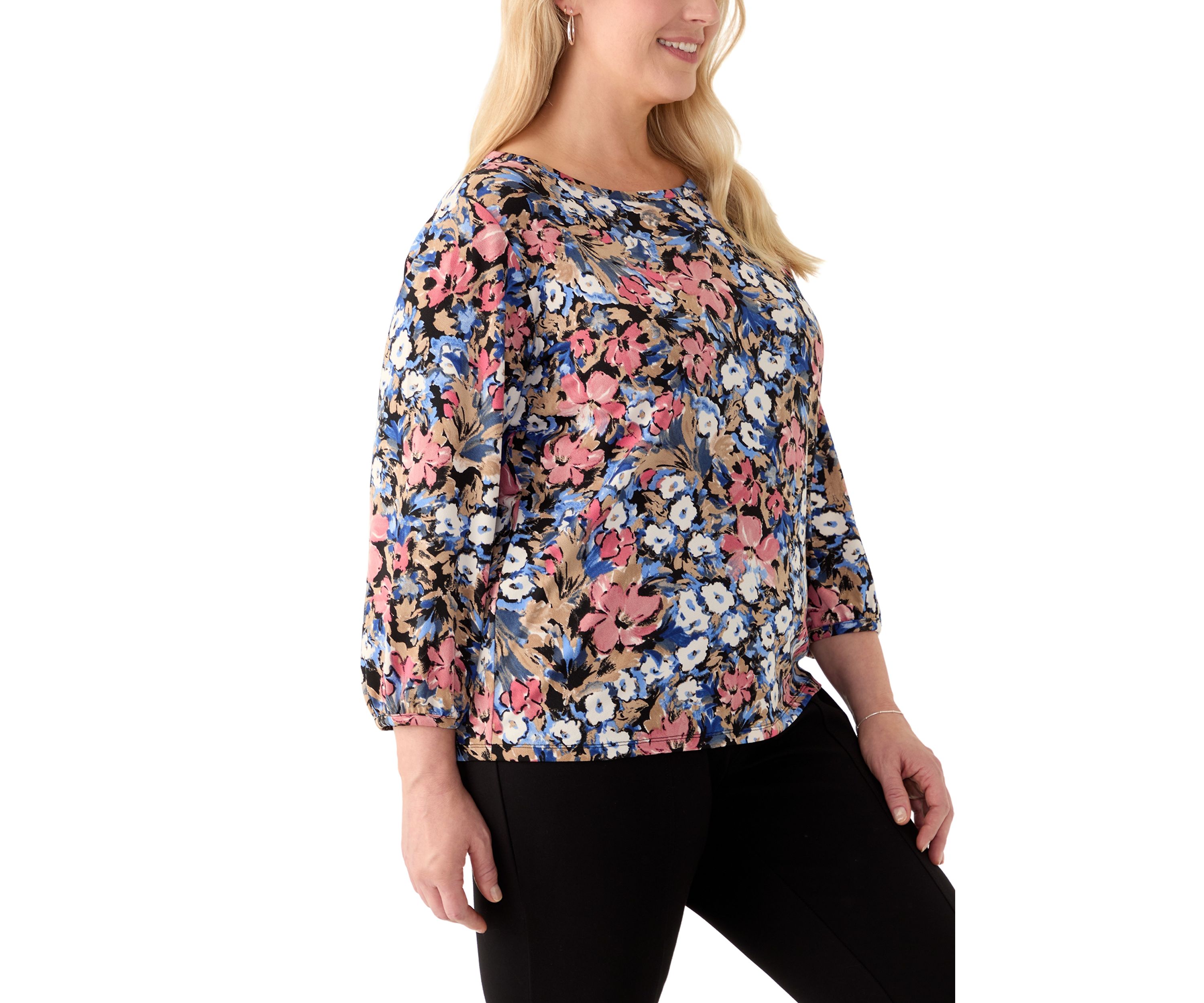 Plus Size 3/4 Puff Sleeve Crew Neck Crepe Top
