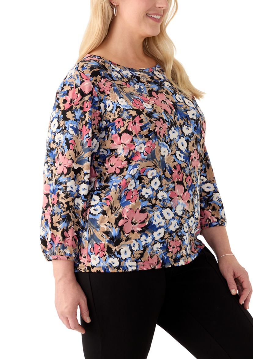 Plus Size 3/4 Puff Sleeve Crew Neck Crepe Top
