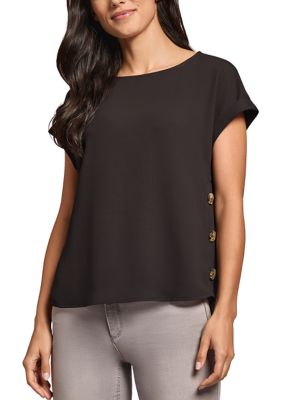 JONES NEW YORK Women's Short Sleeve Button Detail Blouse, Black, XS