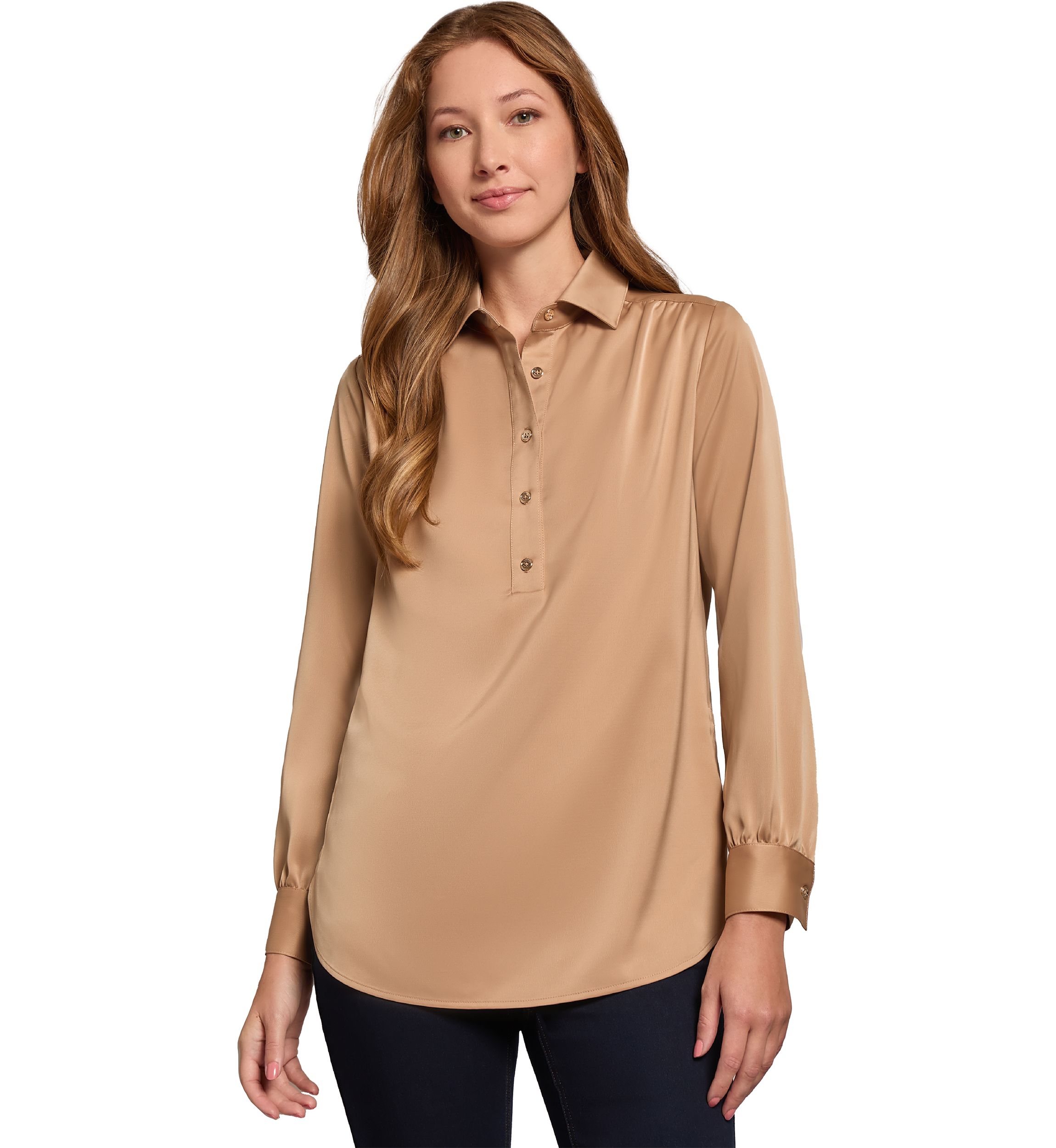 Womens Long Sleeve Side Button Popover Tunic Blouse