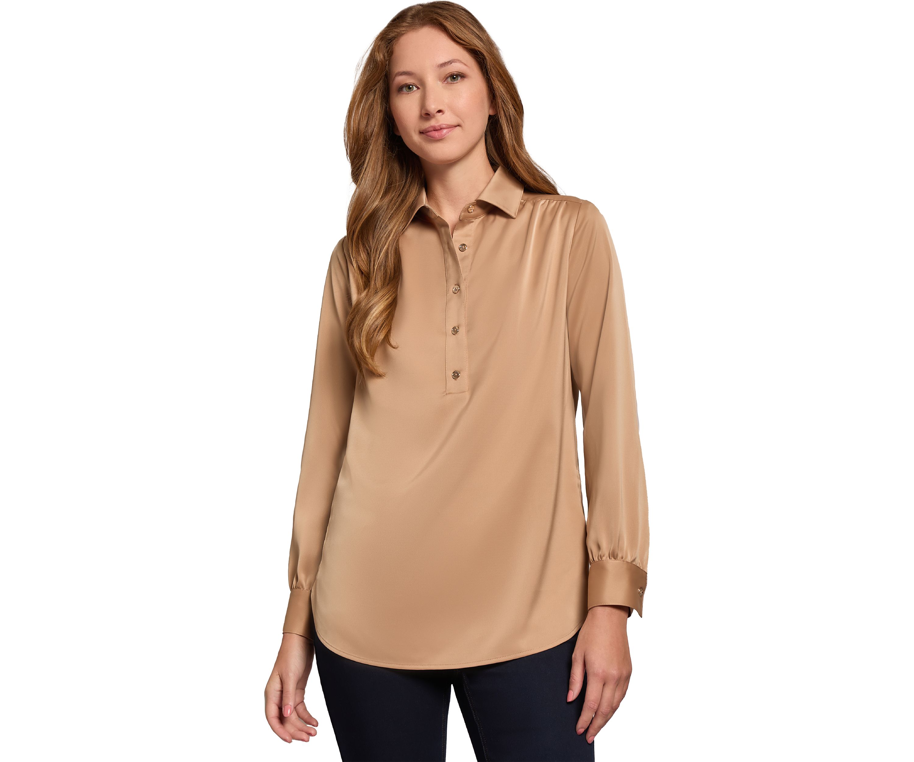 Womens Long Sleeve Side Button Popover Tunic Blouse