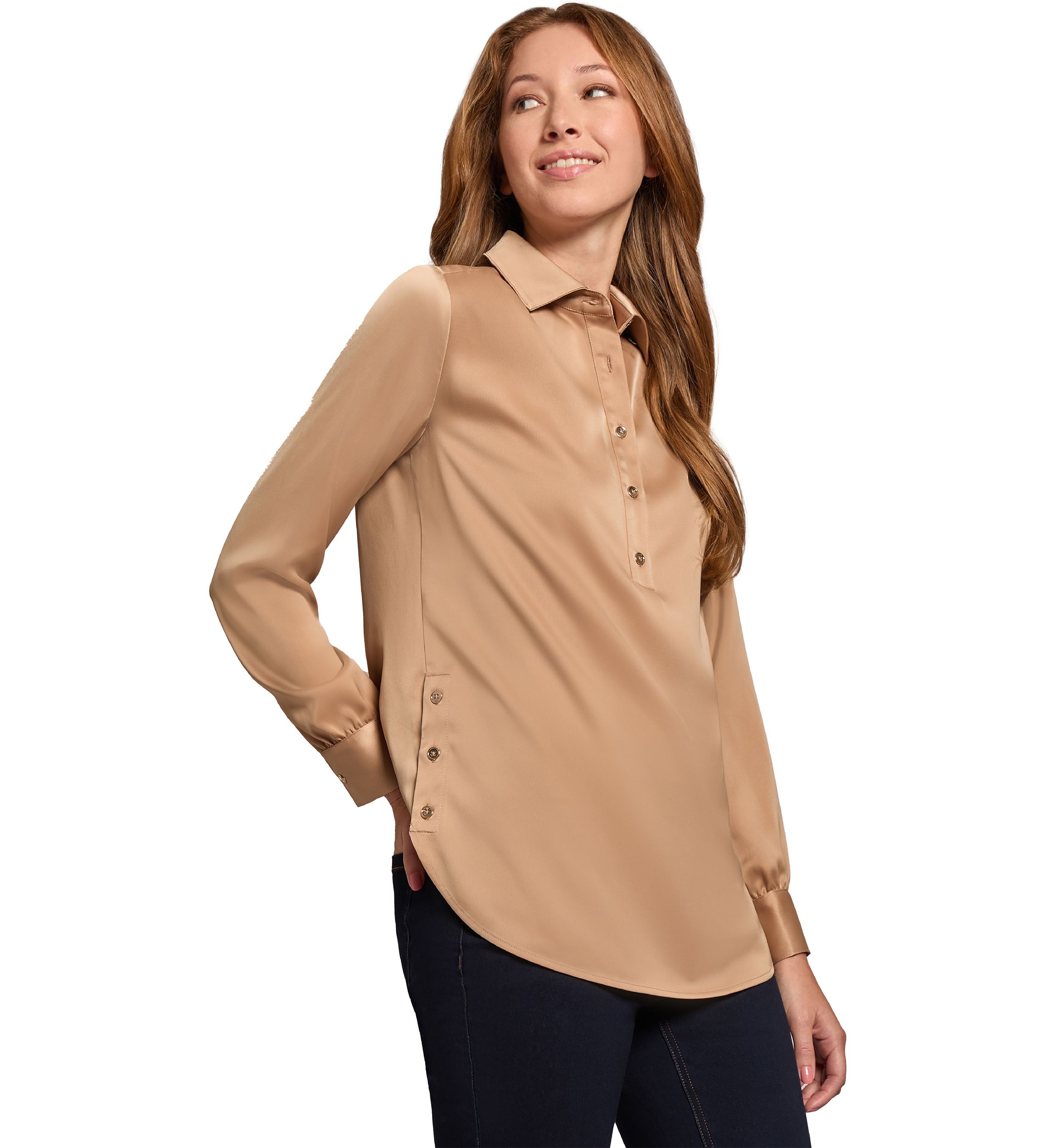 Womens Long Sleeve Side Button Popover Tunic Blouse