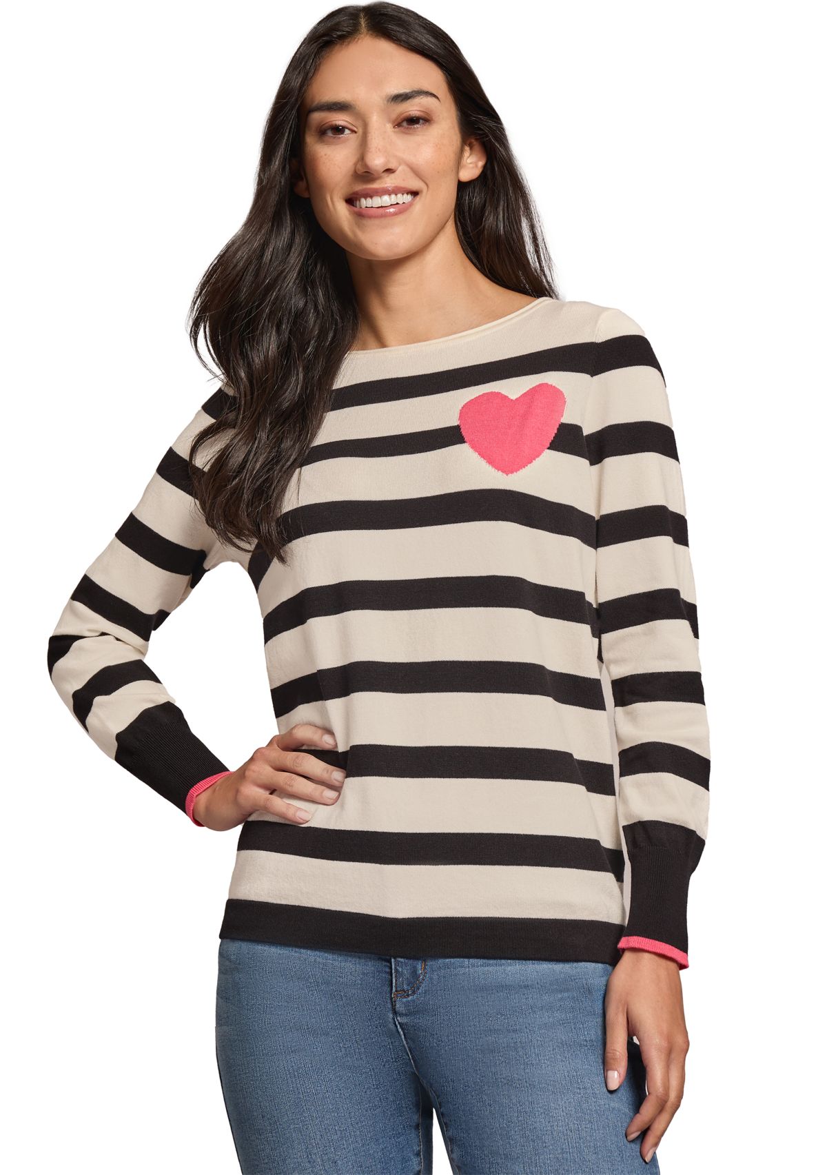 Womens Stripe Heart Boat Neck Sweater 
