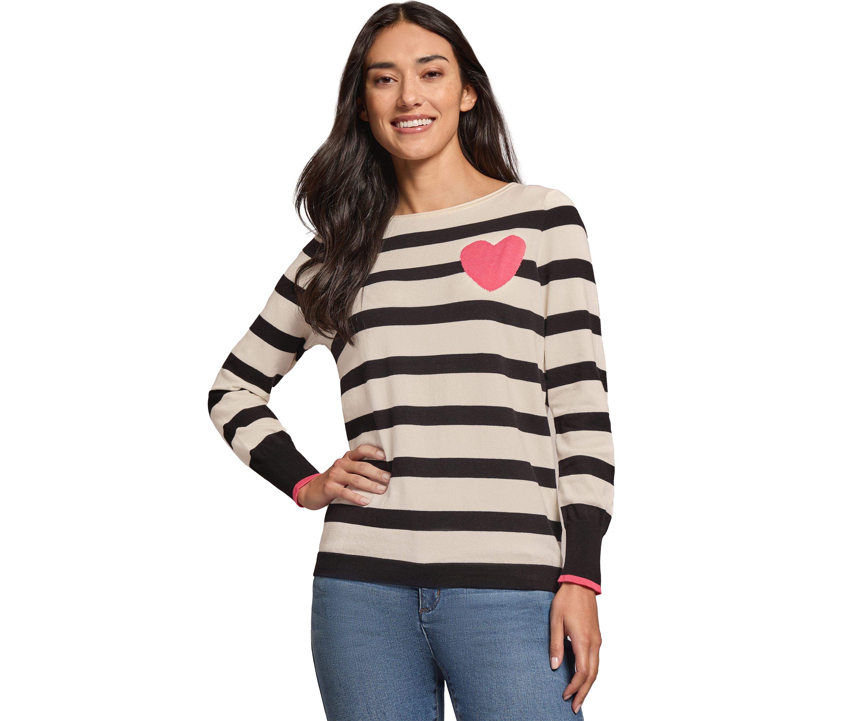 Womens Stripe Heart Boat Neck Sweater 
